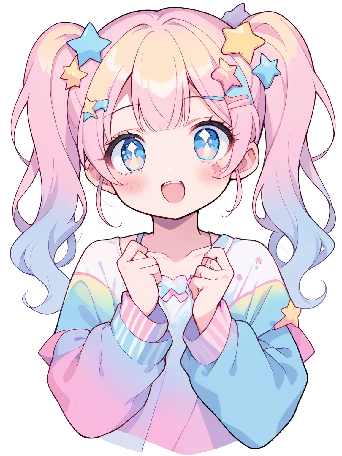 neondskdrmsxl, score_9_climb, score_8_climb, score_7_climb, score_6_climb, 1 girl, alone, pastel colors, open mouth, long hair, star , (mark), star hair accessories, hair accessories, Twintail, look at viewer, blue eyes, pastel neon lighting, source_anime, neon, neon theme , White background, half body  