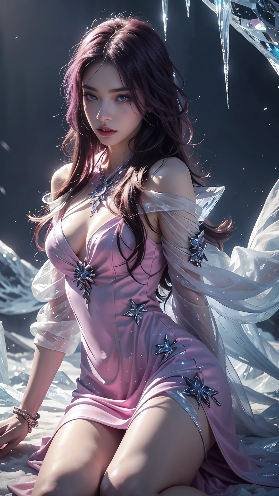 a beautiful ice goddess, good face, very long hair, realistic eyes, small breasts, ice magician, ice elemental, intricate design and details, chilling mist, cold, blizzard storm, conjuring ice spell, casting ice spell, detailed dress, (magenta dress:1.5), bare waist, realistic ice effect, ((ice:1.5)), snow particles, dark fantasy art style, ruined city, dramatic lighting, cinematic, sitting,