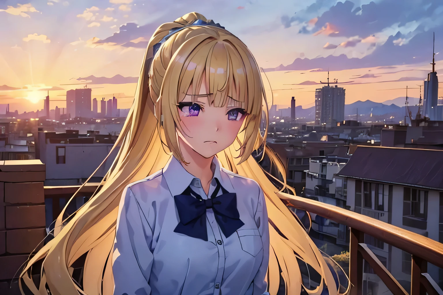 (masterpiece, top quality, best quality, official art, beautiful and aesthetic:1.2), (1girl:1.3), extremely detailed,(fractal art:1.2),colorful, highest detailed, parted lips,wallpaper,beautiful violet eyes, long hair, beautiful blonde hair, ponytail hairstyle, bangs, (sad, sadness expression, sadness face), school outfit, (cowboy shot), in rooftop school, looking out, full shot