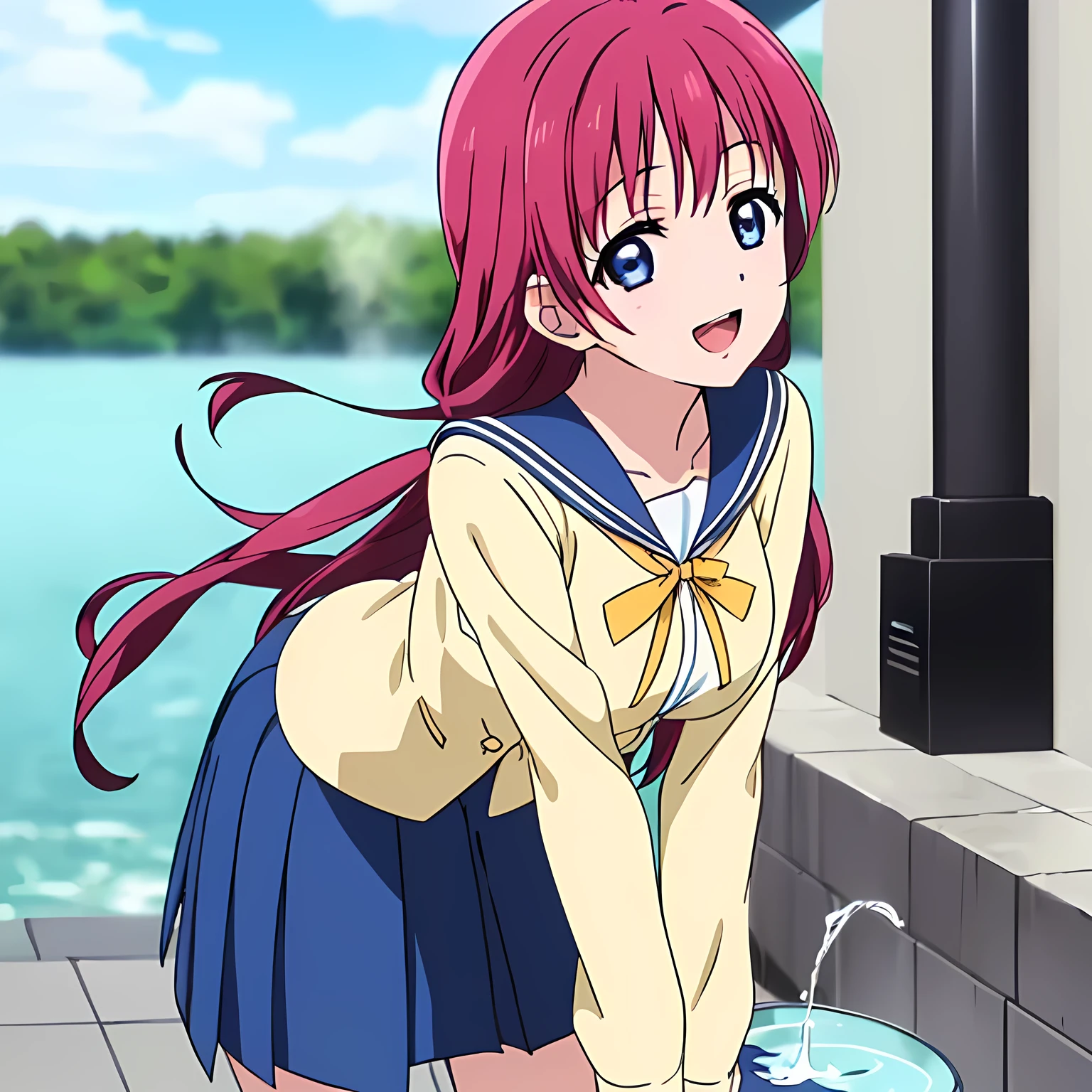 highest quality, (masterpiece:1.2), Very detailed, Game CG, ((((Very beautiful school uniform1A girl is bending over and drinking water)))), ((The girl everyone loves)), (((Very beautiful long pink hair))), ((((Yellow sailor suit)))), ((Sailor uniforms have blue lines)), ((Dark navy blue checked long skirt)), ((((Very beautiful and shining eyes)))), ((Very long eyelashes)), A big red ribbon on the chest, ((An elegant expression like a noble princess)), (((Beautiful and great smile))), Small face and great posture, ((Give the viewer a heavenly feeling of happiness)), (((Blur the background))), ((A very compassionate face)), ((Anime heroine smiling and open mouth)), ((Slender and shapely breasts)), ((Shooting from the side)), ((Water is coming out of the water fountain in the chiller))