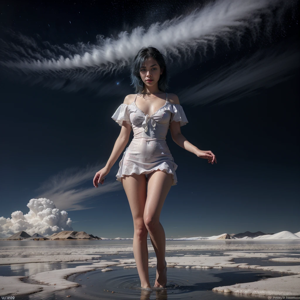 absurdres, highres, (official art, beautiful and aesthetic:1.2), full body, (near vision:1.15), (1woman, blue hair, medium hair, blue eyes, bright eyes, short white dress, blue ruffle,:1.2) blue sky, Shimmering Galaxy, (Salar de Uyuni:1.2), (fractal art:0.8), water effects, ripple effects, (flower effects: 0.65), light effects, realistic hands, mybeauties