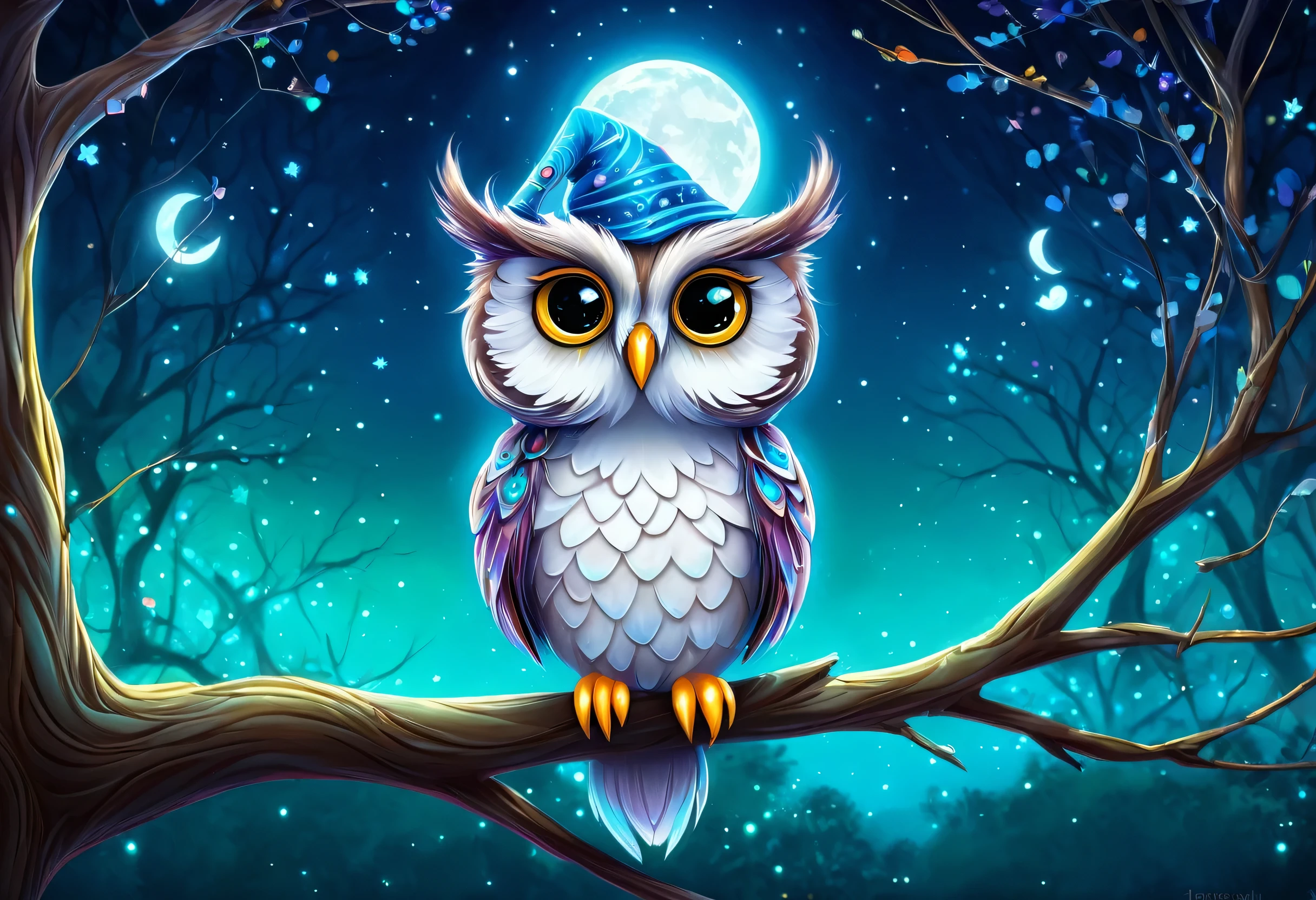 There is a cartoon owl sitting on a tree branch, digital art by Jeremiah Ketner, CG society hot topic, Fantasy art, Cute owl, glowing owl, Adorable digital painting, 光りglowing owl, Cute digital art, Cute and detailed digital art, glowing owls, With a cute fluffy owl, Owl Wizard, Dream Animal Cute Eyes, Dreamy Art