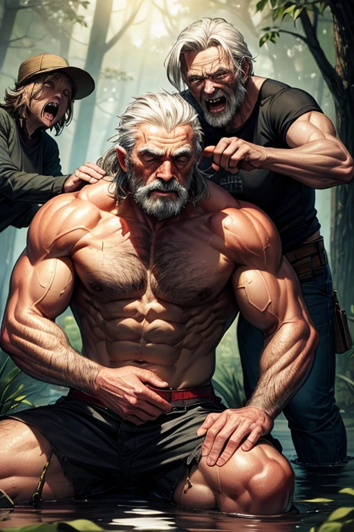 make a picture of a muscular old grandfather getting his stomach massaged and being eaten by zombies in a swamp