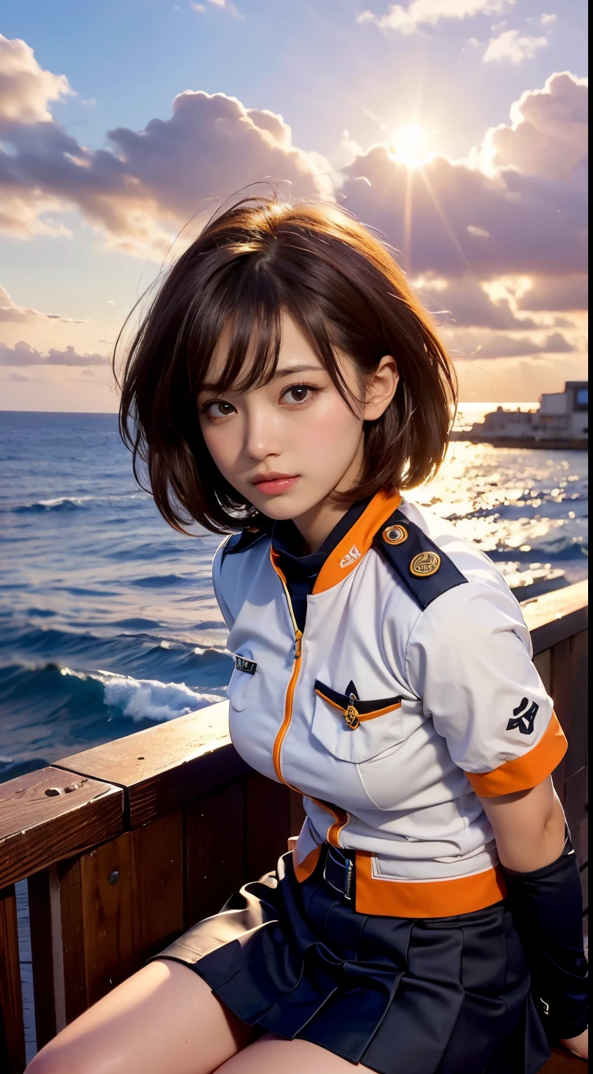 (highest quality, High resolution, masterpiece :1.3), (Shooting from below), Beautiful girl, Orange sunset sky, Sun and clouds with ocean in the background, Cute girl in uniform. Short Bob. She is wearing a and a short pleated skirt, Blushing, looking at the camera, Dynamic photography,Intelligent face,Bold Pose