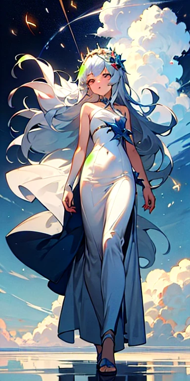 1 anime girl, long white hair, sky, sparkles, sea, fireflies, color, dreamy, cool, flower crown, masterpiece, full body, long dress, princess dress, colored dress white, cloudy, cloud color