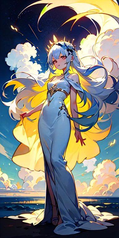 1 anime girl, long white hair, sky, sparkles, sea, fireflies, color, dreamy, cool, flower crown, masterpiece, full body, long dress, princess dress, colored dress white, cloudy, cloud color