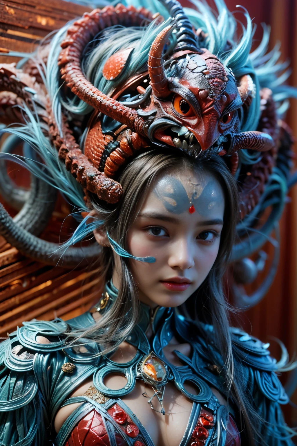 (A female Alien:1.2), Beautiful face, ((There is a female genital-like organ in the middle of her forehead:1.8)), seduces, red eyes, Full body like, A sexy, alien, No humans, an alien, cells are fused, (Lots of blue tentacles), (blue skin:1.3), extraterrestrial, cell, bio image, charming, Best Quality, 8K,4K_quality, high_Definition,Dramatic Lighting, masutepiece:1.5,cinematic quality, detail up, (Intricate details:1.2), high resolution, High Definition, drawing faithfully, (Thick eyebrows:1.2), (a little large scarlet eyes:1.6), Beautiful eyes with fine symmetry, (Highly detailed face and eyes:1.2), (High-resolution red-eye:1.4), Intimate face, (Super detailed skin quality feeling:1.4), Perfect Anatomy, (Beautiful toned body:1.5), (Moist skin:1.2), No makeup, (dark circles:1.1), long canines