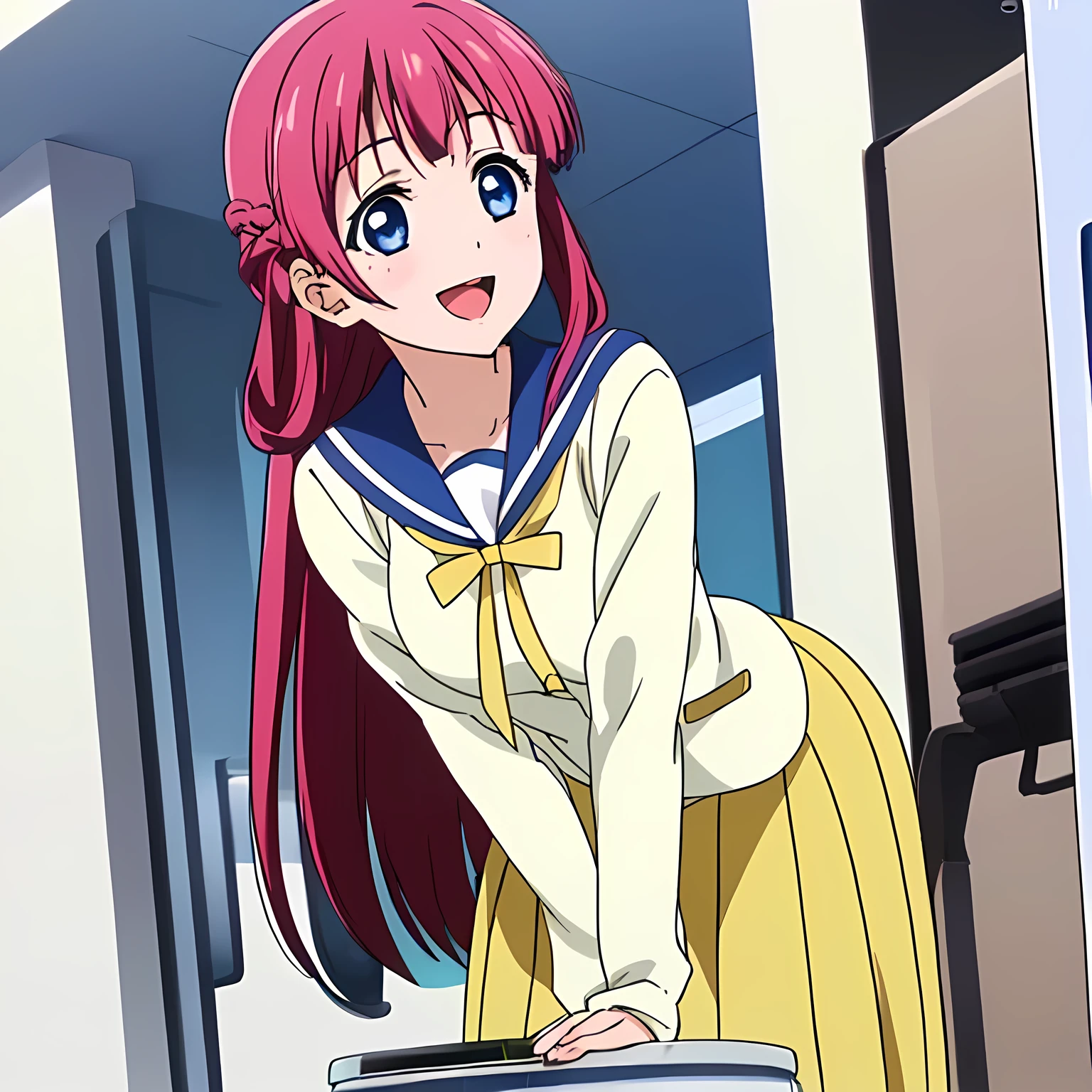 highest quality, (masterpiece:1.2), Very detailed, Game CG, ((((Very beautiful school uniform1A girl is bending over to drink water from a water cooler)))), ((The girl everyone loves)), (((Very beautiful long pink hair))), ((((Yellow sailor suit)))), ((Sailor uniforms have blue lines)), ((Dark navy blue checked long skirt)), ((((Very beautiful and shining eyes)))), ((Very long eyelashes)), A big red ribbon on the chest, ((An elegant expression like a noble princess)), (((Beautiful and great smile))), Small face and great posture, ((Give the viewer a heavenly feeling of happiness)), (((Blur the background))), ((A very compassionate face)), ((Anime heroine smiling and open mouth)), ((Slender and shapely breasts)), ((Shooting from the side)), ((Water is coming out of the water fountain in the chiller))