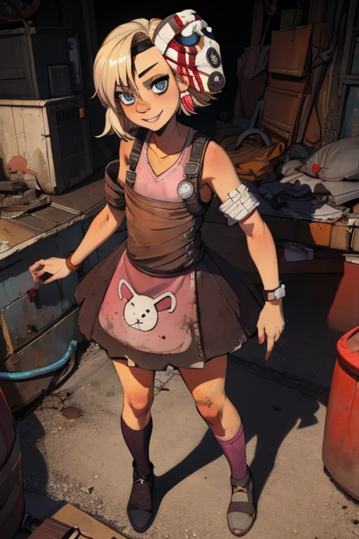 masterpiece, Best quality,
1 Girl, tiny, blonde hair, short hair, Blue eyes, mask of goals, Bandage on the nose,  brown dress, full body,
smile, One, I look at the viewer, on junkyard 