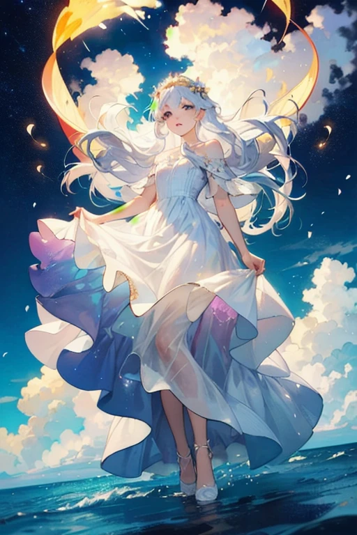 1 anime girl, long white hair, sky, sparkles, sea, fireflies, color, dreamy, cool, flower crown, masterpiece, full body, long dress, princess dress, colored dress white, cloudy, cloud color