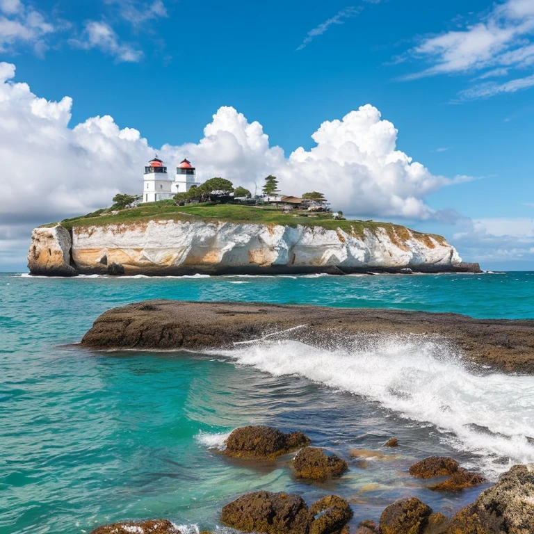 (masterpiece, highest quality:1.1), Wide-angle, From below, (White cliff), Mountain, blue sea, Low tide, Ocean Waves, Rocky beaches, 飛行機cloud, Seagull, horizon, Wind, summer, morning, sunny, cloud, Calm, fresh air, sailboat, Lighthouse, Depth of written boundary