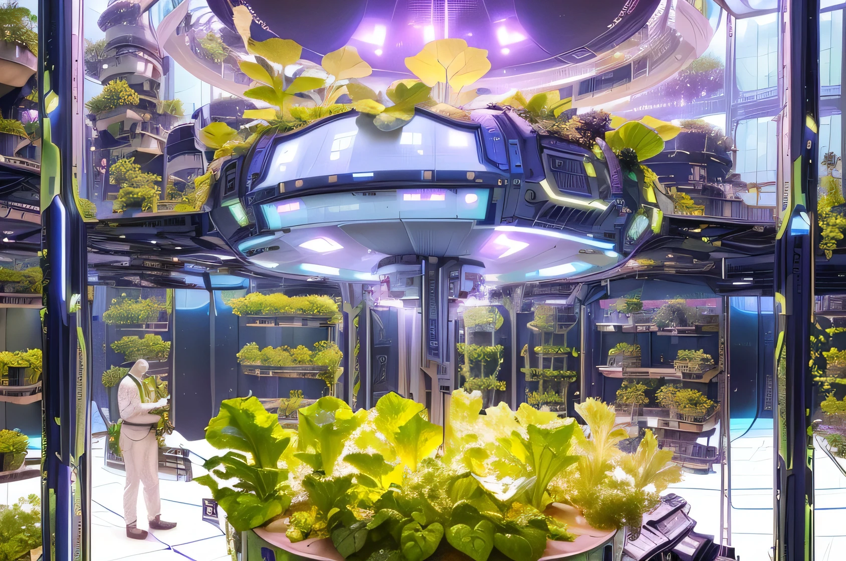 There is a large pot,Lettuce is grown inside, Lush Garden Spaceship, Hydroponic Farm, scifi farm, But futuristic food, levitating agricultural sphere, Organic and, On a lush alien planet, utopian jungle in space, In a tall vertical room, Space Station