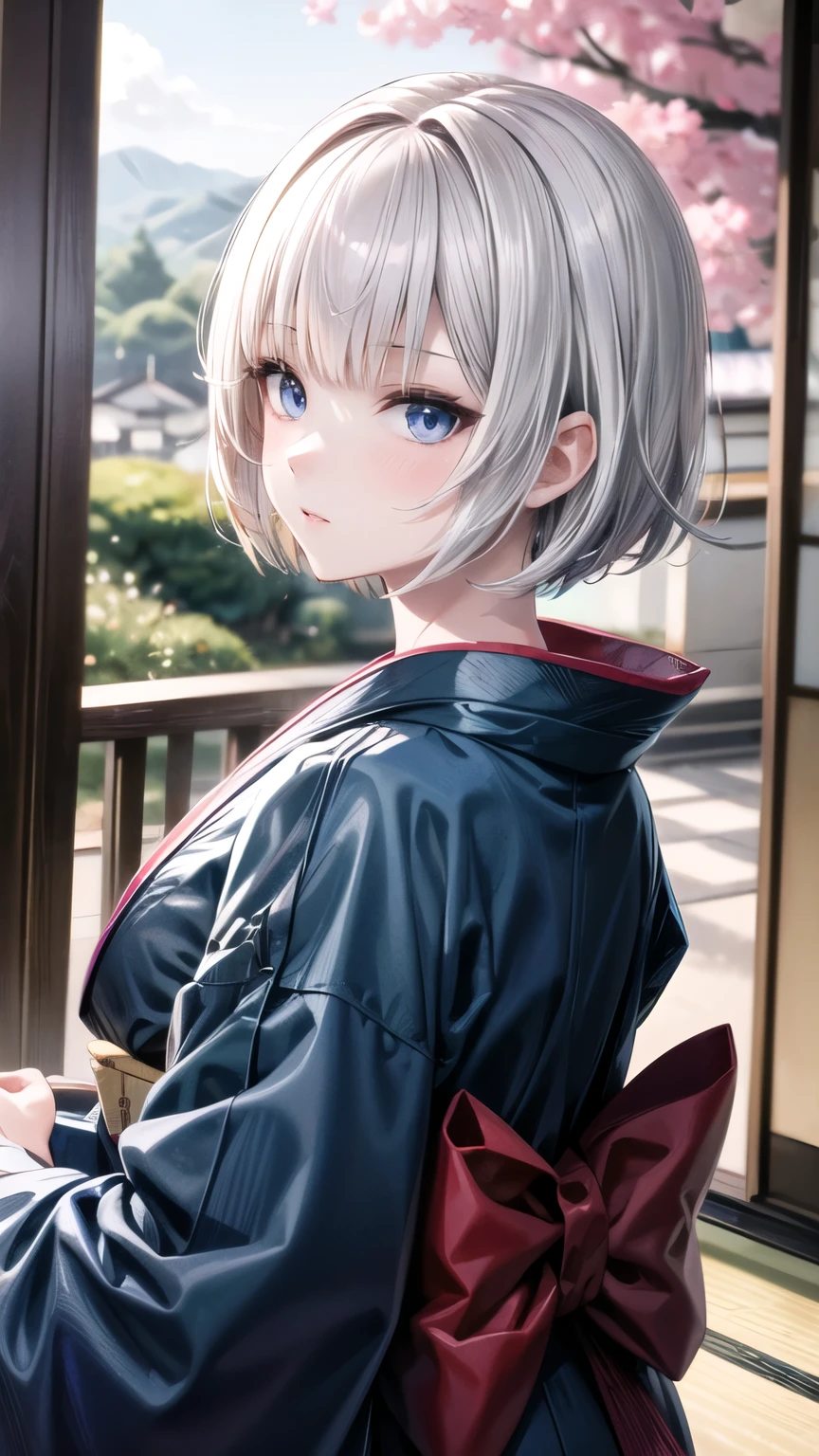 1Lady, short silver hair, bangs, blue eyes, pink kimono, traditional japanese, high res, ultrasharp, 8K, masterpiece, looking at viewer, sunny, Japanese scenery