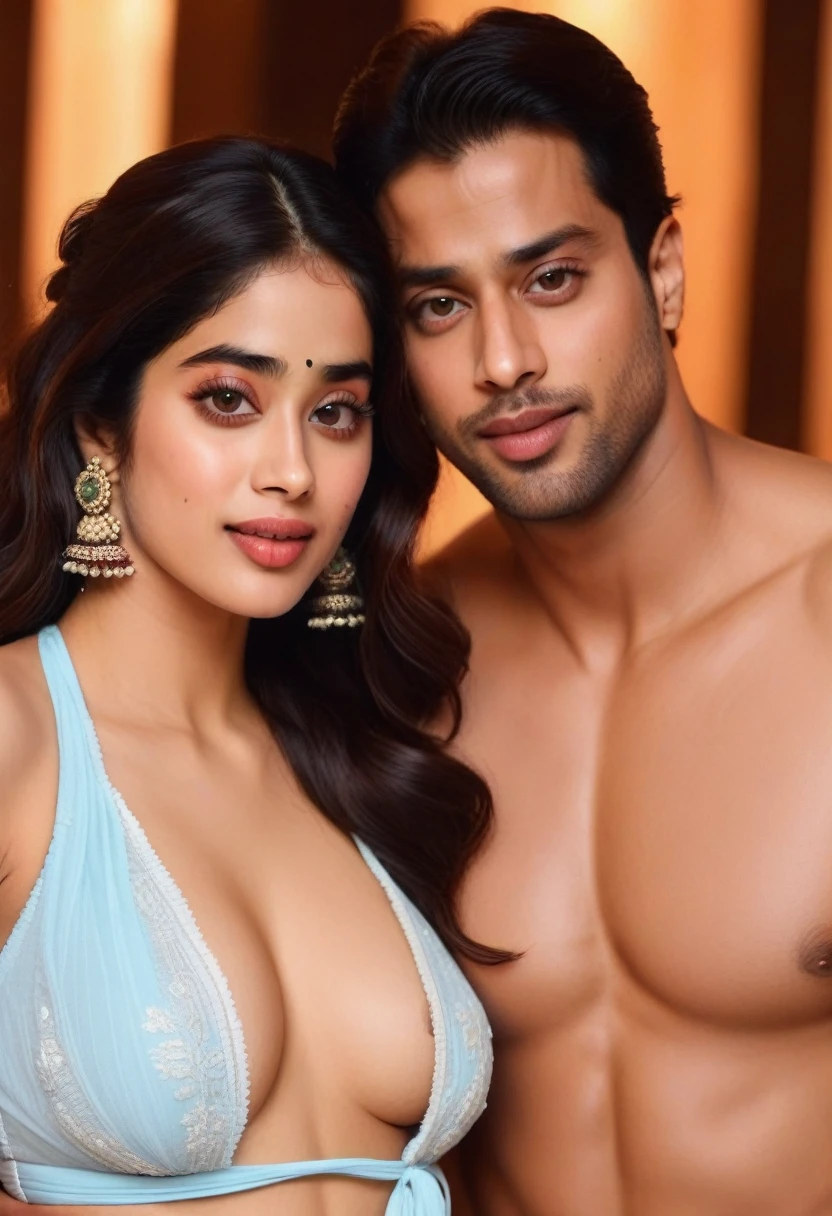 JanhviKapoor, in bikini, hot erotic, indoors background, (best quaity, 4k, ultra HD, sharp focus), beautiful face, erotic pose, realistic photo, ultrarealism, cleavage, with a handsome man, romantic couple, touching each other. embracing