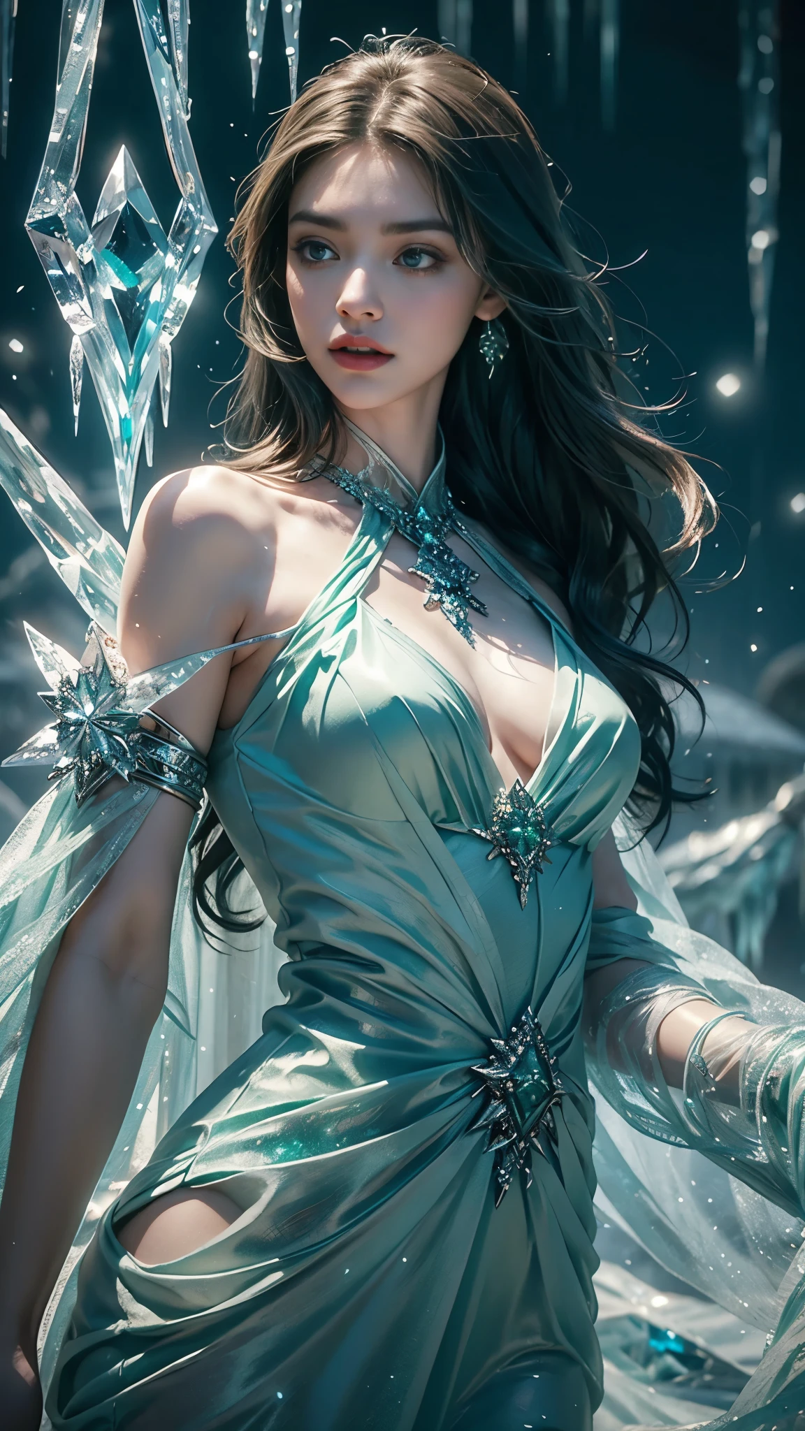 a beautiful ice goddess, good face, happy face, very long hair, realistic eyes, small breasts, ice magician, ice elemental, intricate design and details, chilling mist, cold, blizzard storm, conjuring ice spell, casting ice spell, detailed dress, (orange dress:1.5), realistic ice effect, ((ice:1.5)), snow particles, dark fantasy art style, ruined city, dramatic lighting, cinematic,
