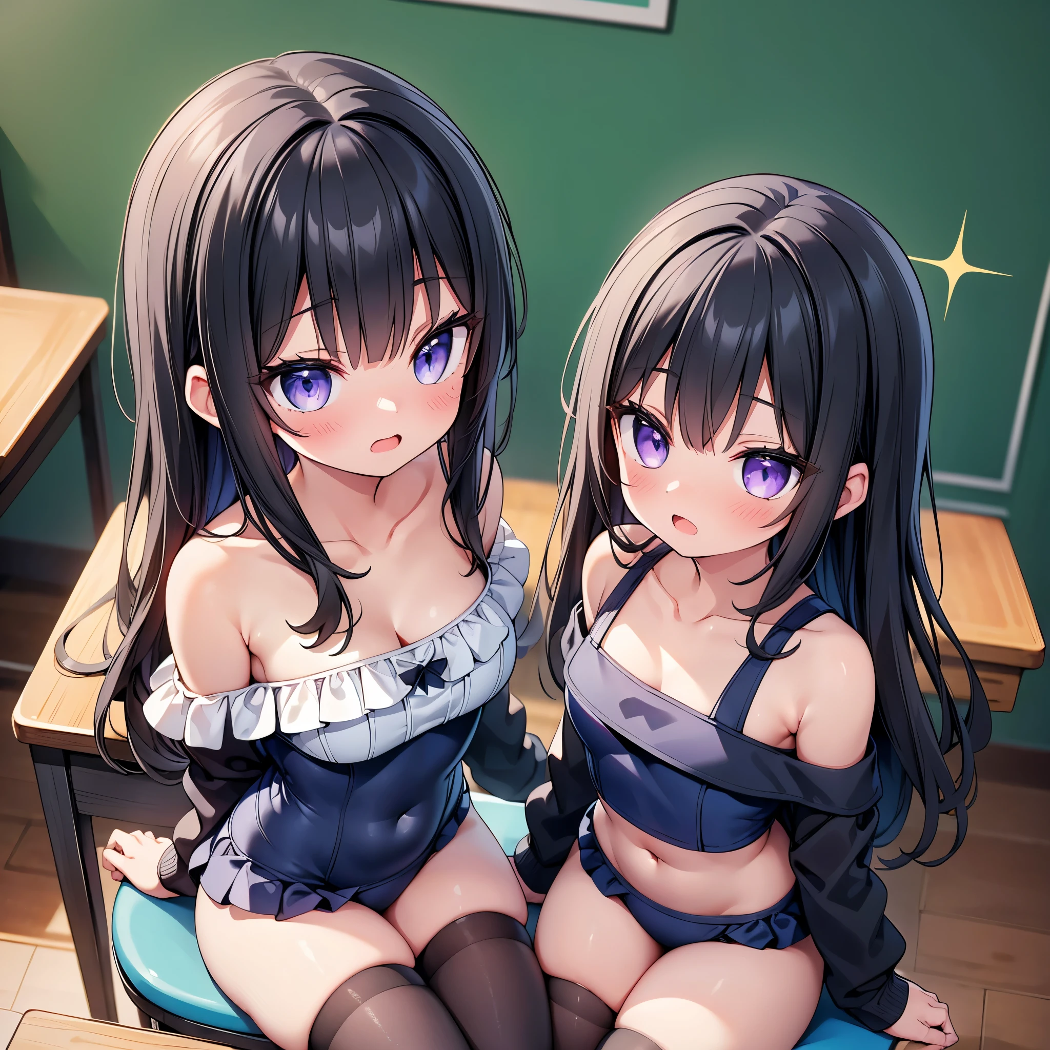 (cute eyes:1.2), (sparkling eyes:1.2), (8K、Best image quality、highest quality、masterpiece)、Detailed face、(2 girls)、Improve、(Black Hair, Purple Eyes, long hair)、(open mouth), (embarrassed), (skinny body:1.3),(small breasts), (Off shoulder school swimsuit:1.2), (Bare shoulders:1.2),(bare clavicle:1.2), (cleavage), (crop top navel), Sit on a chair, Classroom Background, (black stockings:1.1), (Thighs:1.1), (Waistline:1.1),(close-up shot of bust), (from above:1.2)