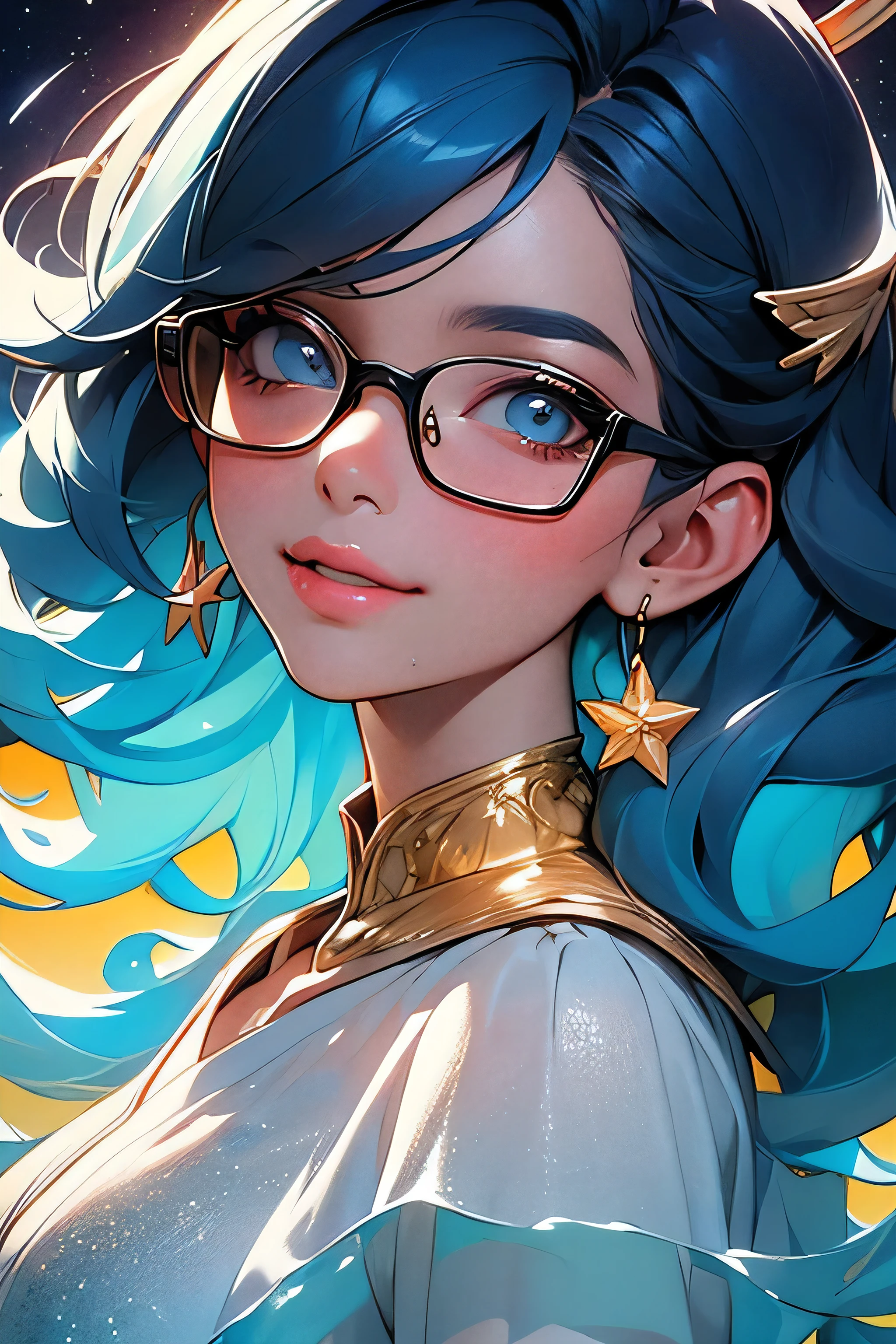 ((masterpiece、Top quality、Top quality、Water painting(curly)、Official Art、Beautiful and generous:1.2))、(1 Girl:1.3)、(Fractal Art:1.3)、Star-shaped pupil、looking at the audience、pattern、(Blue Hair、Light blue hair、Half blue and half light blue hair:1.2)、water、liquid、cloud、Colorful、Starry Sky、Star、a smile、Glasses、Write、rain、get wet、Red Moon、school uniform、Bright Eyes、(Golden Ratio:1.2)、(whole body:1.2),(Ultra Detailed:1.3)、(Super detailed), (Fine details), (Intricate details), (light, Best quality backlight), High contrast, (Optimal lighting, Extremely refined), ((light))、Ray-traced reflections、brilliant、(Glowing Halo)、(radiant hair)