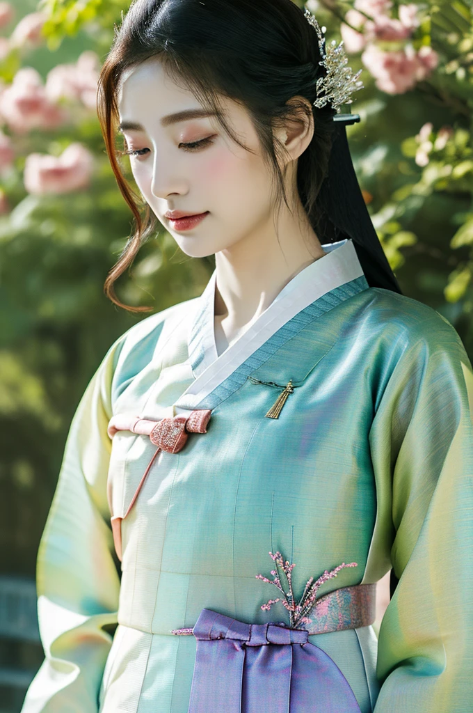 ( masterpiece, top quality, best quality,8k,years old girl,ultra detailed,raw photo:1.5),(photorealistic:1.4), (cinematic lighting), PerfectNwsjMajic, , Surrealism, UHD, ccurate, Super detail, textured skin, High detail, Best quality, dynamic angle, White skin,[Beautiful blue eyes], high nose,(1girl),(good anatomy:0.5)), Dreamy atmosphere,expressive brush strokes, mystical ambiance, Artistic interpretation, a whimsical illustration, Subtle colors and tones, mystical aura, Woman wearing traditional Korean costume,(hanbok:1.3), Joseon dynasty, jeogori,chima,and the po,portrait