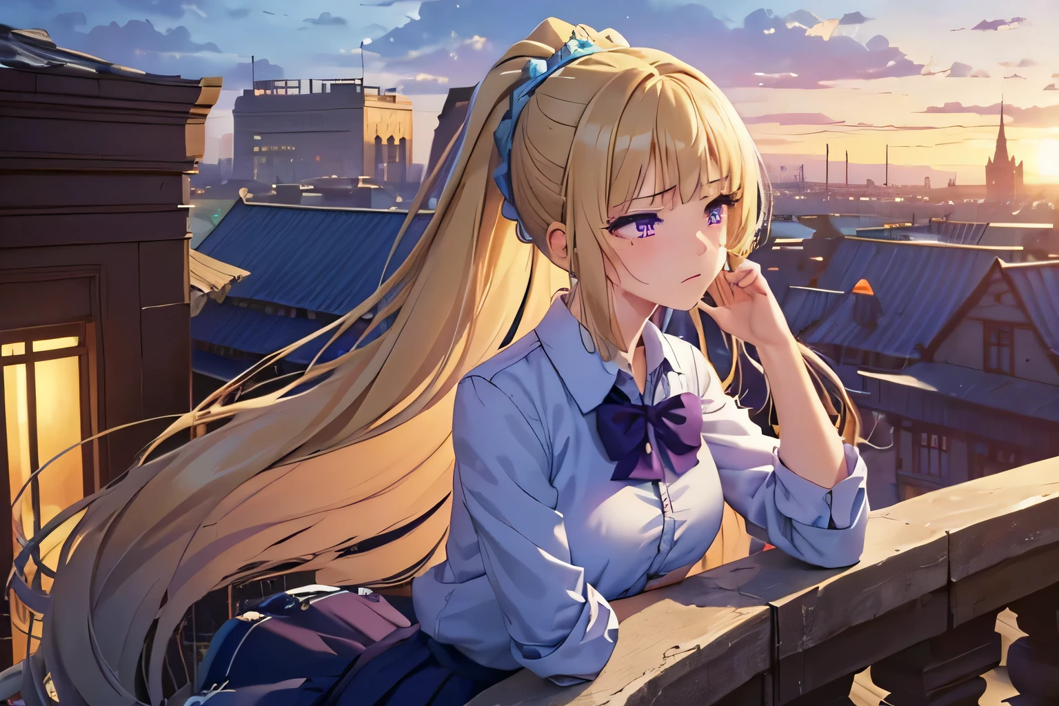 (masterpiece, top quality, best quality, official art, beautiful and aesthetic:1.2), (1girl:1.3), extremely detailed,(fractal art:1.2),colorful, highest detailed, parted lips,wallpaper,beautiful violet eyes, long hair, beautiful blonde hair, ponytail hairstyle, bangs, (sad, sadness expression, sadness face), school outfit, (cowboy shot), in rooftop school, looking out