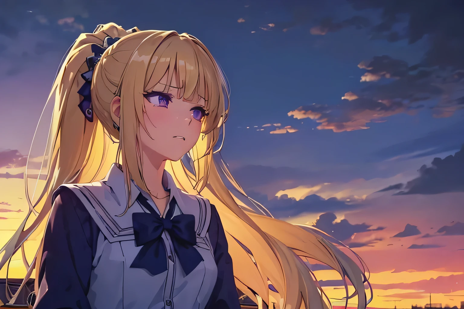 (masterpiece, top quality, best quality, official art, beautiful and aesthetic:1.2), (1girl:1.3), extremely detailed,(fractal art:1.2),colorful, highest detailed, parted lips,wallpaper,beautiful violet eyes, long hair, beautiful blonde hair, ponytail hairstyle, bangs, (sad, sadness expression, sadness face), school outfit, (cowboy shot), in rooftop school, looking out