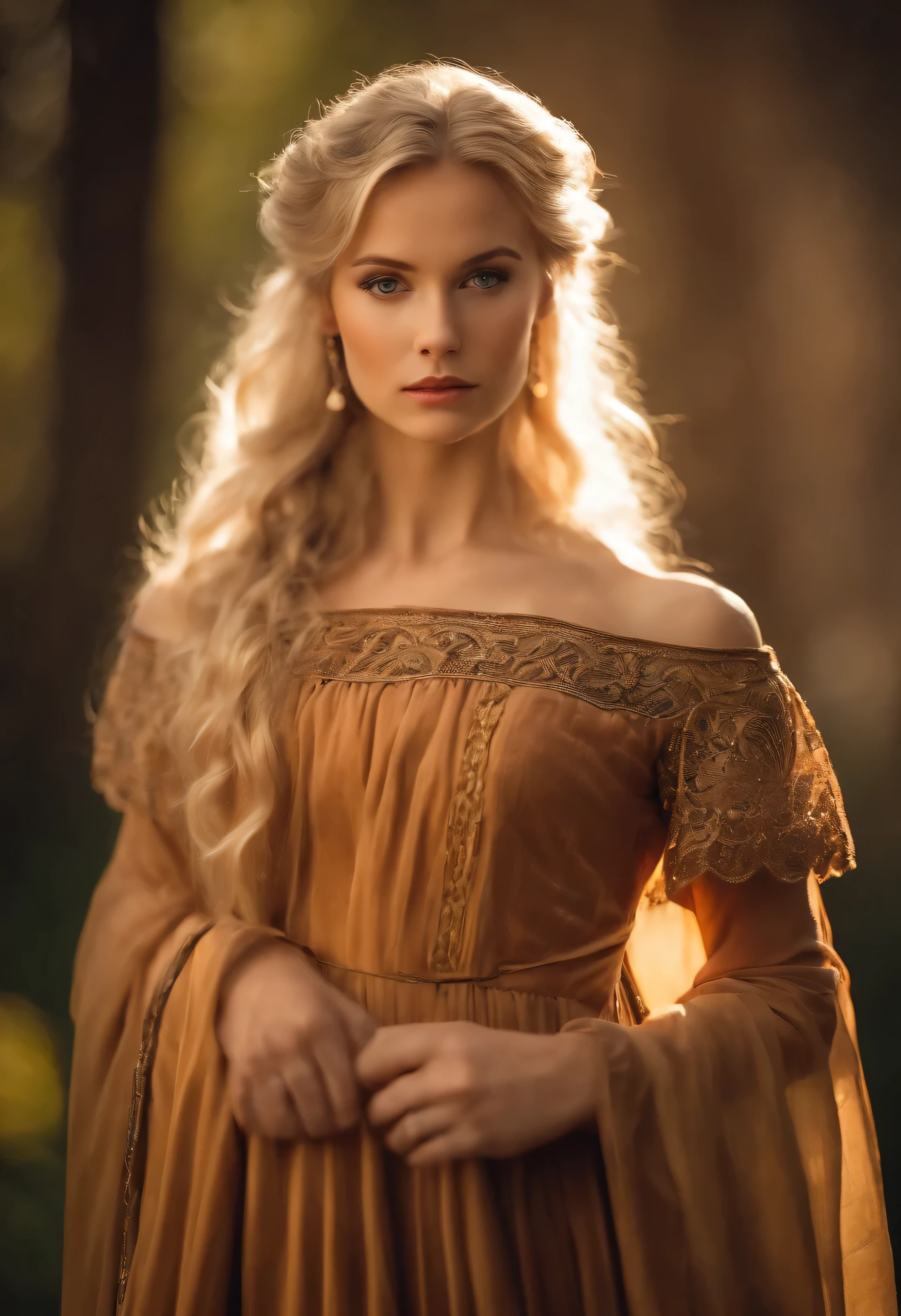 Beautiful 20 year old blonde woman wearing a nice and sexy 12th century dress., dramatic,realista,minucias