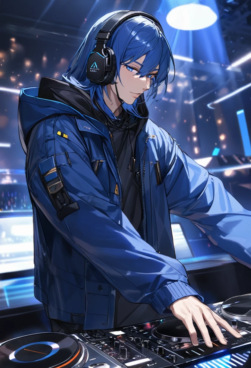A man from the front lines, high quality, Practical, ultra Practical, Wearing a blue long-sleeved shirt with black details, Hooded, Bright blue eyes, effective, DJ