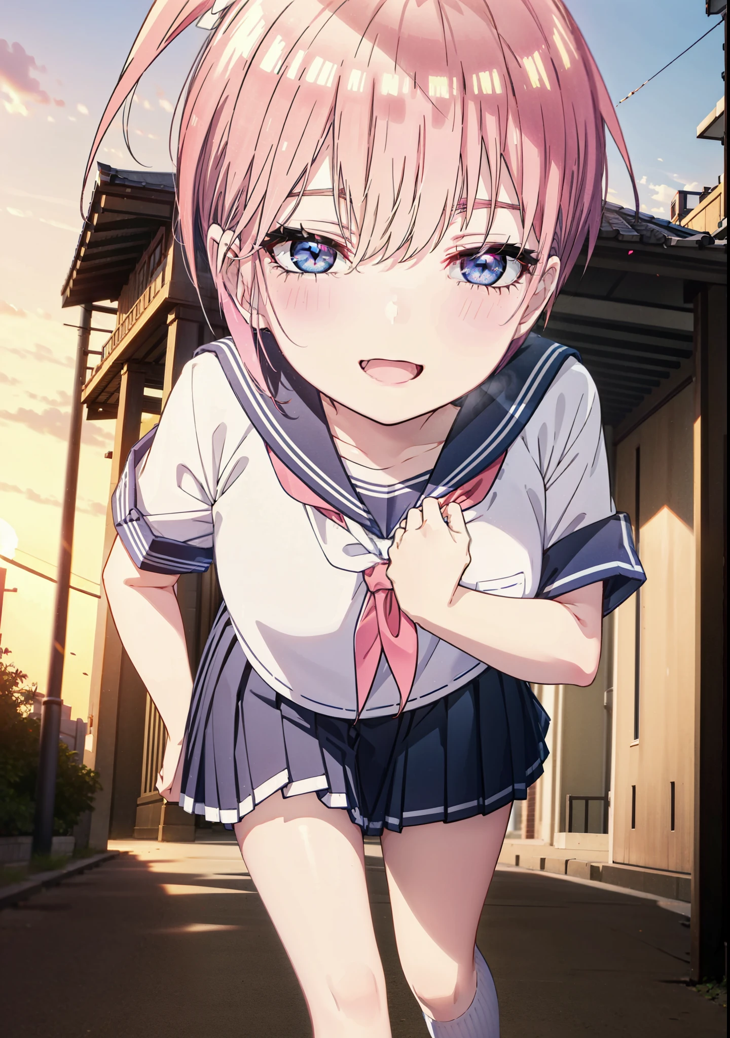 ichikanakano, ichika nakano, short hair, bangs, blue eyes, Hair between the eyes, Pink Hair, smile,happy smile, smile, Open your mouth,Big Breasts,Japanese schoolgirl(Red Sailor Suit),Short sleeve,Black pleated skirt,White knee socks,Brown Loafers,evening,Sunset,The sun is setting,sunny,whole bodyがイラストが入るように,Looking up from below,Walking,
break outdoors, In town,Building district,
break looking at viewer, whole body,
break (masterpiece:1.2), highest quality, High resolution, unity 8k wallpaper, (shape:0.8), (Beautiful details:1.6), Highly detailed face, Perfect lighting, Highly detailed CG, (Perfect hands, Perfect Anatomy),