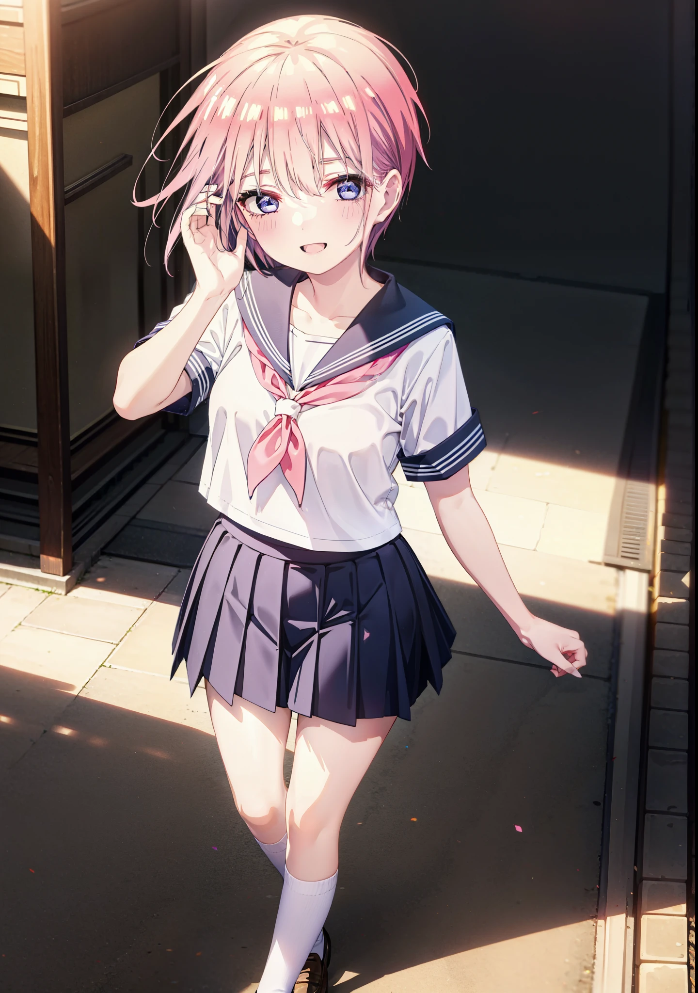 ichikanakano, ichika nakano, short hair, bangs, blue eyes, Hair between the eyes, Pink Hair, smile,happy smile, smile, Open your mouth,Big Breasts,Japanese schoolgirl(Red Sailor Suit),Short sleeve,Black pleated skirt,White knee socks,Brown Loafers,evening,Sunset,The sun is setting,sunny,whole bodyがイラストが入るように,Looking up from below,Walking,
break outdoors, In town,Building district,
break looking at viewer, whole body,
break (masterpiece:1.2), highest quality, High resolution, unity 8k wallpaper, (shape:0.8), (Beautiful details:1.6), Highly detailed face, Perfect lighting, Highly detailed CG, (Perfect hands, Perfect Anatomy),