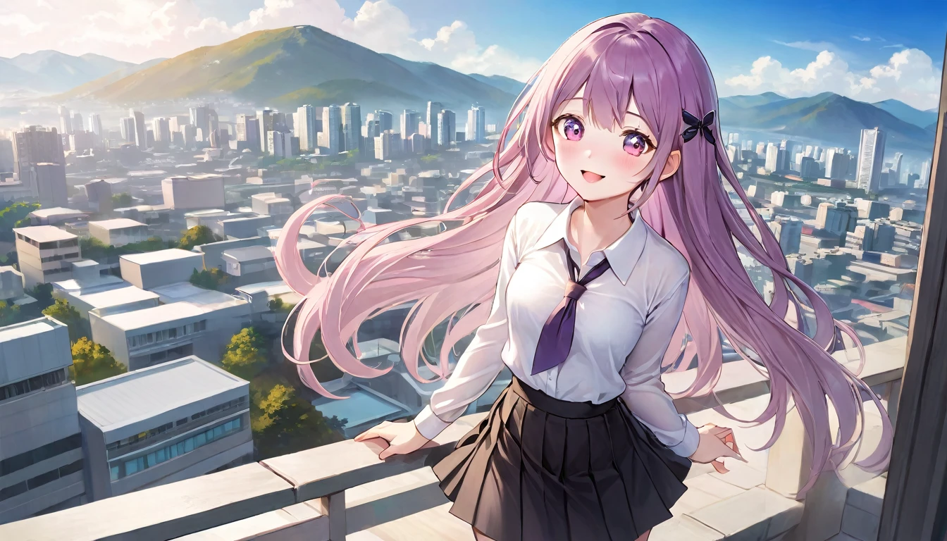 (Beautiful, gorgeous and cute Korean woman:1.3), (beautiful and cute korean:1.3), Korean beauty, Exquisite and beautiful hair、Eyes and face, Practical, Super detailed, beautiful girl, Blue sky, Glowing white particles, (Side Light:1.2), Sunlight, Baiyun, Detailed clouds, slim, Very cute big and big butt, Smile with teeth bared, ((Smile with your eyes, Open your eyes)), landscape, Long and straight hair, Sexy facial expressions, architecture, (city View:1.7), Dynamic Hair, Long and straight hair, Delicate platinum purple hair, Pink eyes, (Pleated shirt + Black skirt), White socks, Pale skin, Hair accessories, epic landscape,