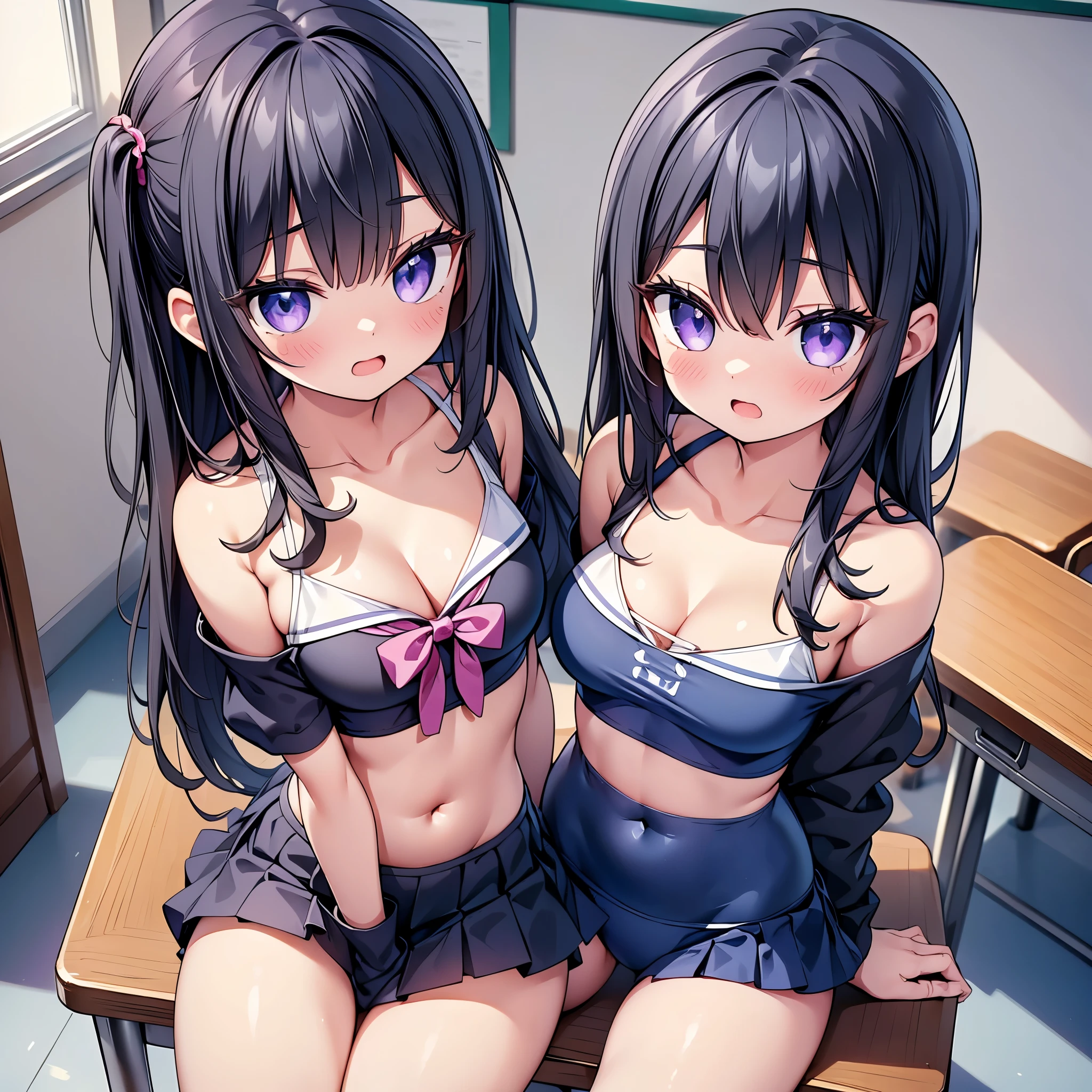 (cute eyes:1.2), (sparkling eyes:1.2), (8K、Best image quality、highest quality、masterpiece)、Detailed face、(2 girls)、Improve、(Black Hair, Purple Eyes, long hair)、(open mouth), (embarrassed), (skinny body:1.3),(small breasts), (Off shoulder school swimsuit:1.2), (Bare shoulders:1.2),(cleavage), (crop top navel), Sit on a chair, Classroom Background, (black stockings:1.1), (Thighs:1.1), (Waistline:1.1),(close-up shot of bust), (from above:1.2)