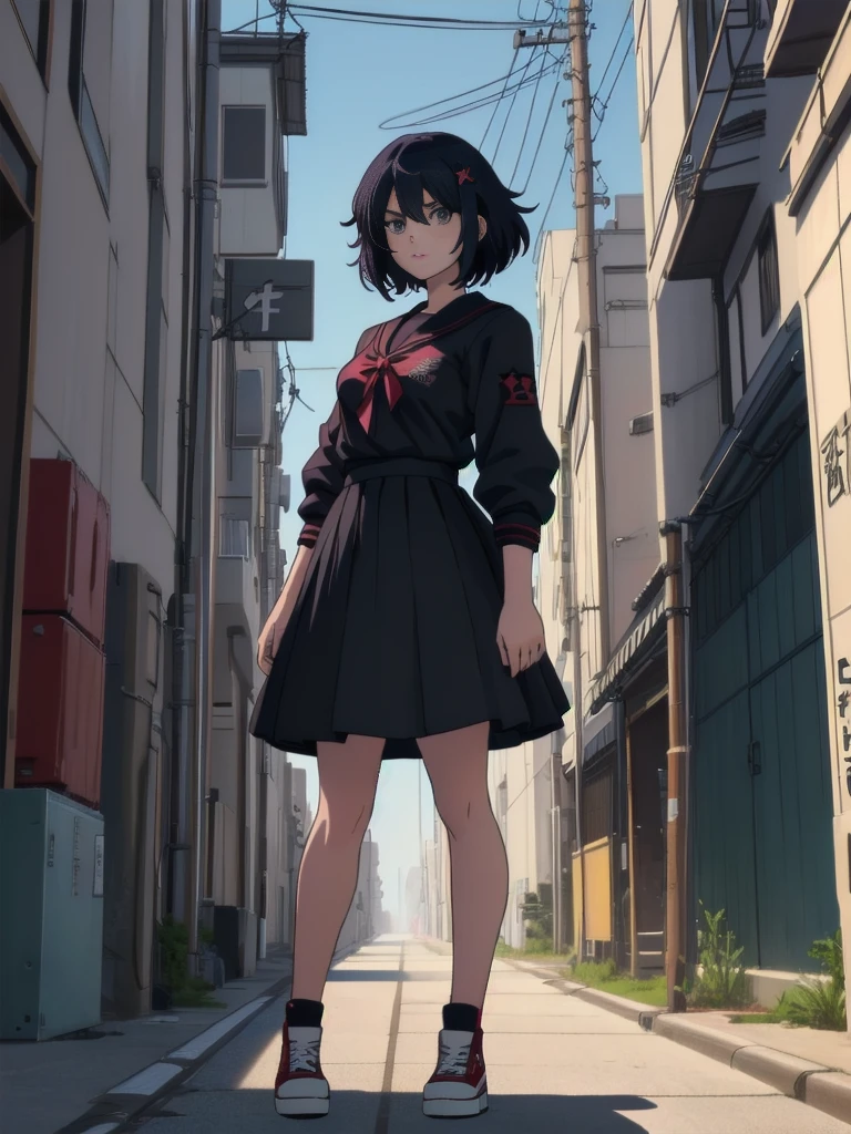 (perfect composition), (high resolution, masterpiece, ultra best quality, ultra HD, 4k,HD, high detailed ),anime character Sukeban delinquent girl  standing on a city street corner in black seifuku with black very long skirt, anime style. 8k, anime style mixed with fujifilm, retro anime girl, anime styled digital art, in tokyo, anime style illustration, anime style 4 k, anime style artwork, anime poster film still portrait, tokyo anime scene, modern anime style, anime style digital art, short hair, 26year old, red converse,