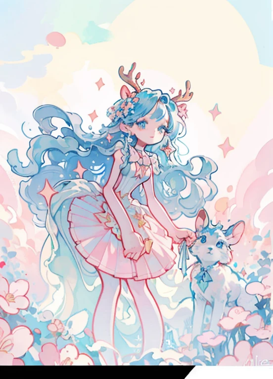 (human woman with deer ears and deer tail from hazbin hotel, hand holding cheek) dark aegyosal, LONG ginger HAIR, small sadistic smile, hazbin hotel art, feigning weakness, white background, full sticker, unique design, 1920's outfit)very very unique, mesmerizing innocent eyes, dynamic pose, dark red fingertips, (gigantic eyes) modest lovely light blue flowy summer dress, blue hair bow, dynamic pose, small short doe ears. large, round, dark brown shiny eyes ((Magical Girl)), ((Gorgeous Starry Sky Background)), ((Super Detailed)), (Best Illustration), ((Cinematic Lighting)), Dynamic Angle, Floating, Fine, (Flash:1.2), (Sparkle:1.2), (Shine:1.2), Classic, (painting:1.1), (Sketch:1.1), (Best Quality), (Masterpiece:1.2), ( anime style), (solo), beautiful and delicate face, (cute face: 1.3), (big eyes: 1.3), colored hair, (long hair: 1.2), (flowing hair: 1.2), (magical girlhood), detail outfit, (sparkling wand: 1.3), (magic effect: 1.3), (flowing skirt: 1.2), dramatic, 8k, ((masterpiece, super detailed, complex detail, medium quality, illustration)), 1girl, solo, high resolution, street, cherry tree, petals falling, sunlight through), (extremely detailed CG, super fine, Best shadows: 1.1), ((Depth of field)), ((Watercolor)), Big breasts, bare shoulders, flowers and petals, Beautiful concept illustration, (Illustration: 1.1), (Extreme beauty: 1.1), (Perfect detail: 1.1),