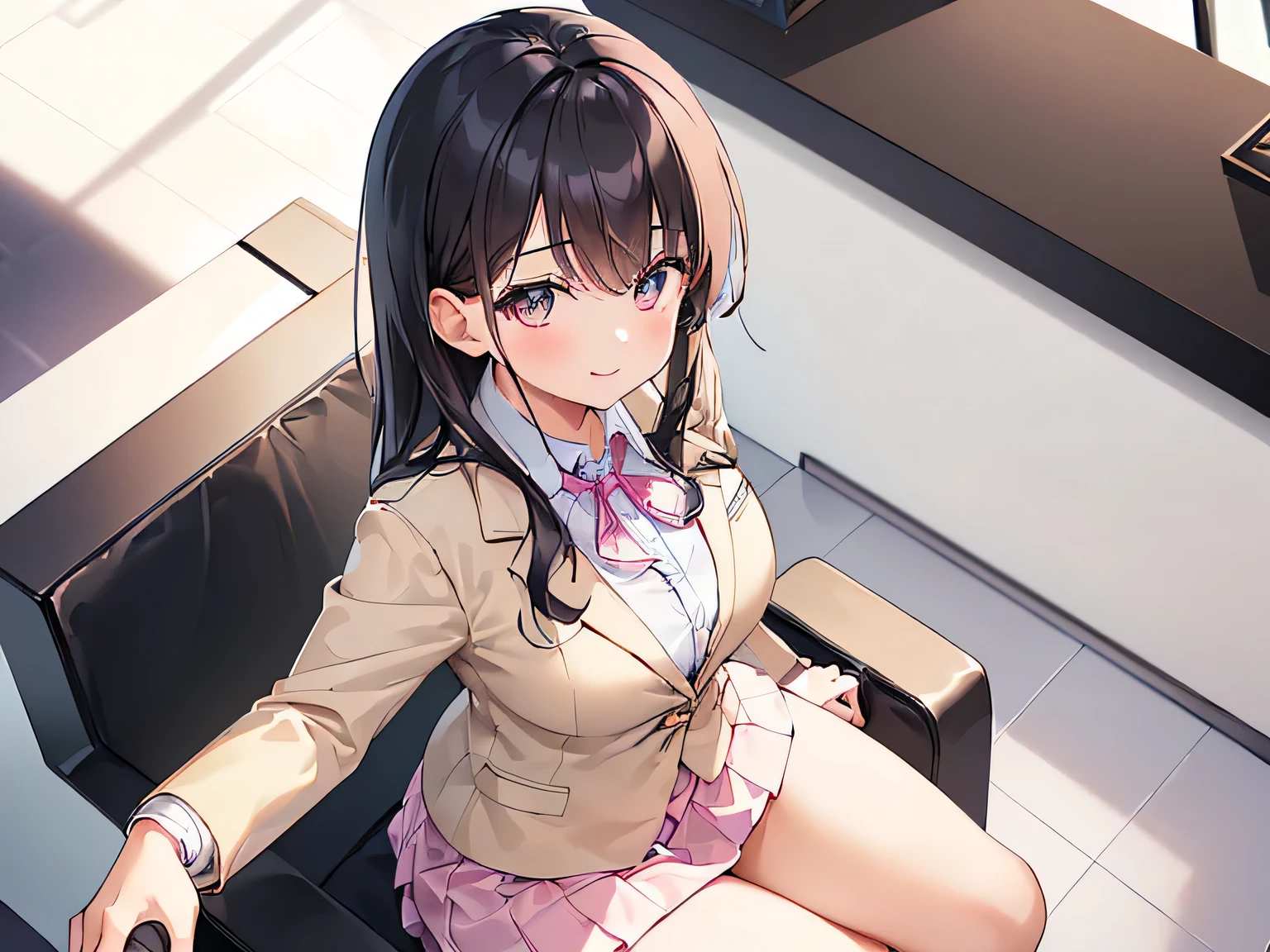 (Masterpiece, highest quality, high resolution, realistic photos, realistic looking skin:1.1),
(The woman is sitting on a mesh chair inside the reception counter of the company's general reception center, serving customers:1.8),
(She is looking at the viewer from slightly above the front, so you can see her panties: 1.8),
(She has a smiling expression: 1.5),
(She is wearing a pink blazer over a white collared shirt and the same pink mini-skirt:1.5),
(She wears a ribbon around her neck and a name plate on her left breast:1.5),
(She is a receptionist, so all her shirts and blazers are buttoned up: 1.8),
(She is wearing pumps: 1.5),
(Panties are white glossy material:1.5),
(She has medium black hair: 1.5),
(The location is inside the reception counter of the company's general reception center:1.5),
1 Japanese girl, solo, full bodied esbian, beautiful eyes, glowing eyes, glowing thighs, NSFW