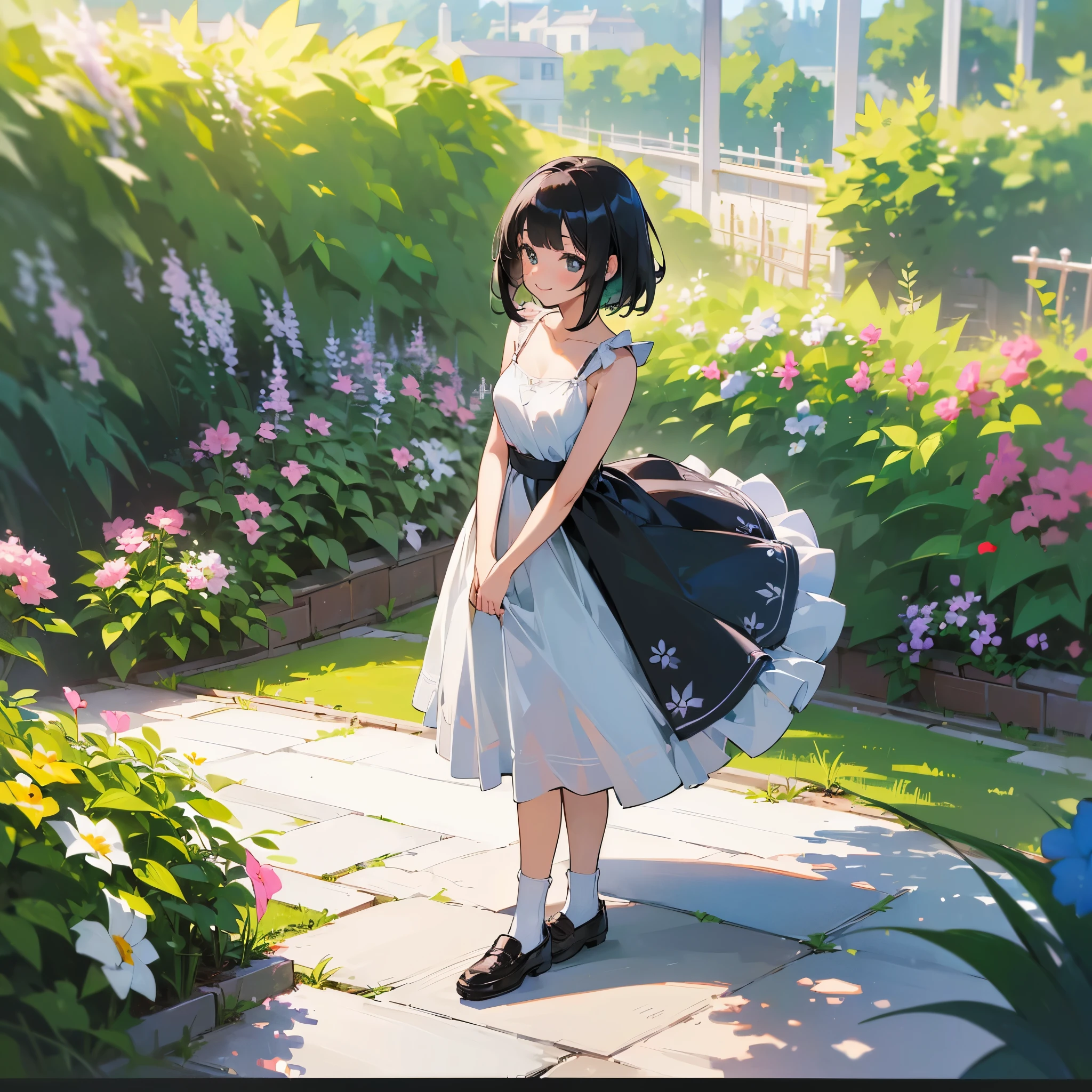 (high quality, High resolution, Very detailed, reality:1.37), Peaceful atmosphere, (Outdoor, garden), Teenage girl standing alone, (my breasts are big.), Beautiful details, Cute Smile, (Black bob hair), White camisole dress, socks, loafers.