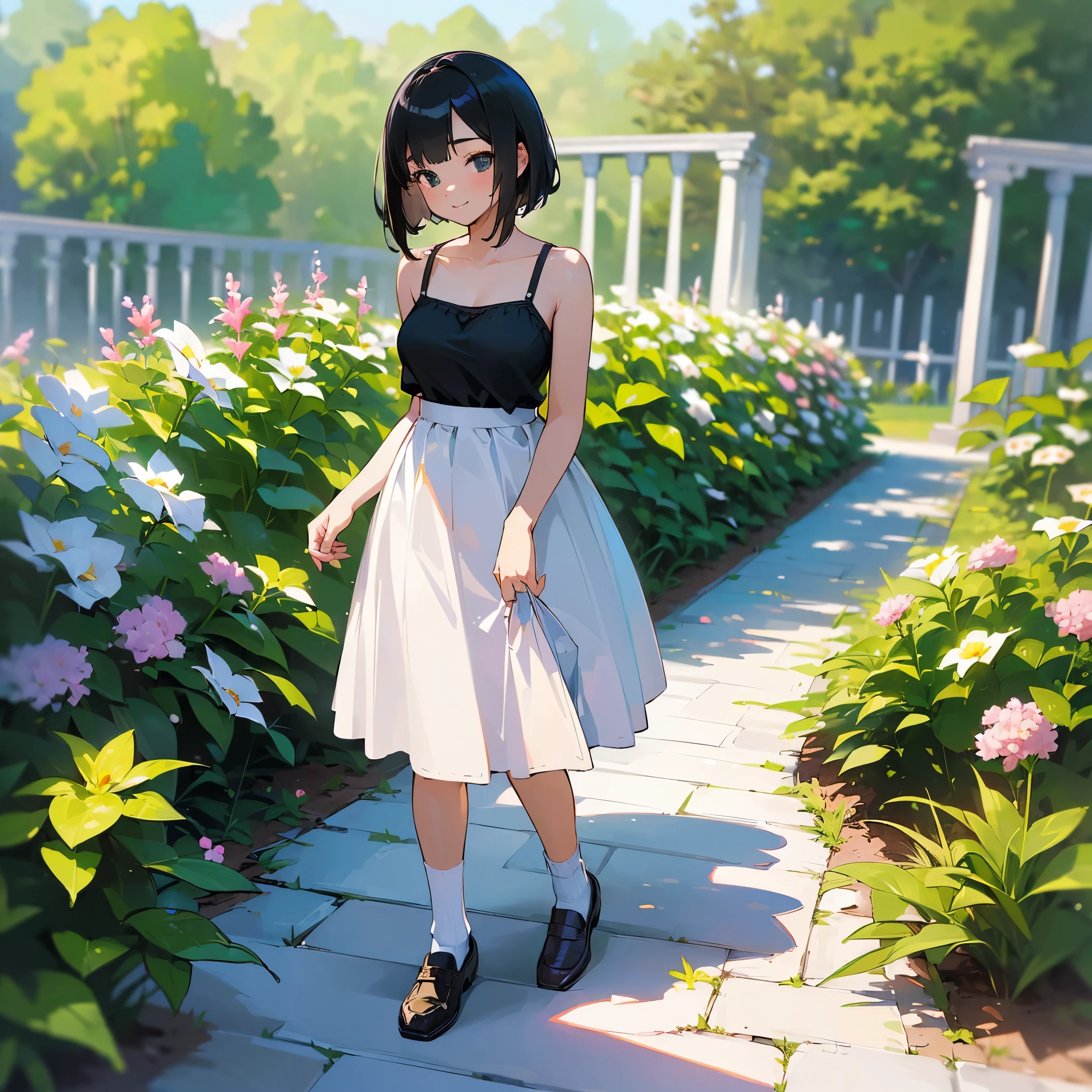 (high quality, High resolution, Very detailed, reality:1.37), Peaceful atmosphere, (Outdoor, garden), Teenage girl standing alone, (my breasts are big.), Beautiful details, Cute Smile, (Black bob hair), White camisole dress, socks, loafers.