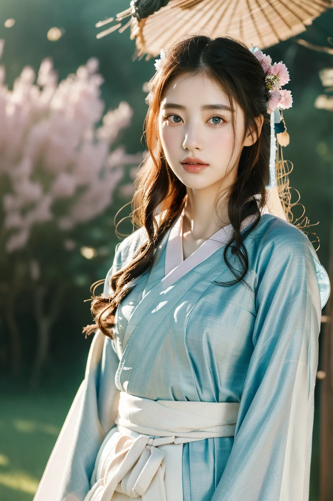 ( masterpiece, top quality, best quality,8k,years old girl,ultra detailed,raw photo:1.5),(photorealistic:1.4), (cinematic lighting), PerfectNwsjMajic, , Surrealism, UHD, ccurate, Super detail, textured skin, High detail, Best quality, dynamic angle, White skin,[Beautiful blue eyes], high nose,(1girl),(good anatomy:0.5)), Dreamy atmosphere,expressive brush strokes, mystical ambiance, Artistic interpretation, a whimsical illustration, Subtle colors and tones, mystical aura, Woman wearing traditional Korean costume,(hanbok:1.3), Joseon dynasty, jeogori,chima,and the po,portrait