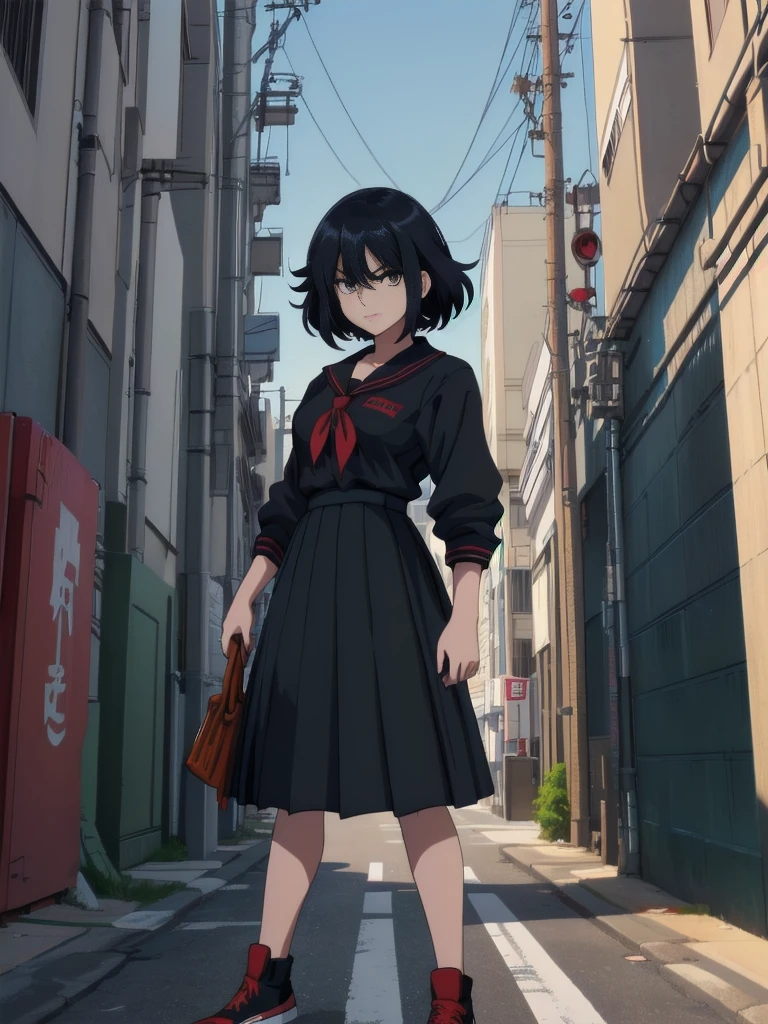 (perfect composition), (high resolution, masterpiece, ultra best quality, ultra HD, 4k,HD, high detailed ),anime character Sukeban delinquent girl standing on a city street corner in black seifuku with black very long skirt, anime style. 8k, anime style mixed with fujifilm, retro anime girl, anime styled digital art, in tokyo, anime style illustration, anime style 4 k, anime style artwork, anime poster film still portrait, tokyo anime scene, modern anime style, anime style digital art, short hair, 26year old, red converse,