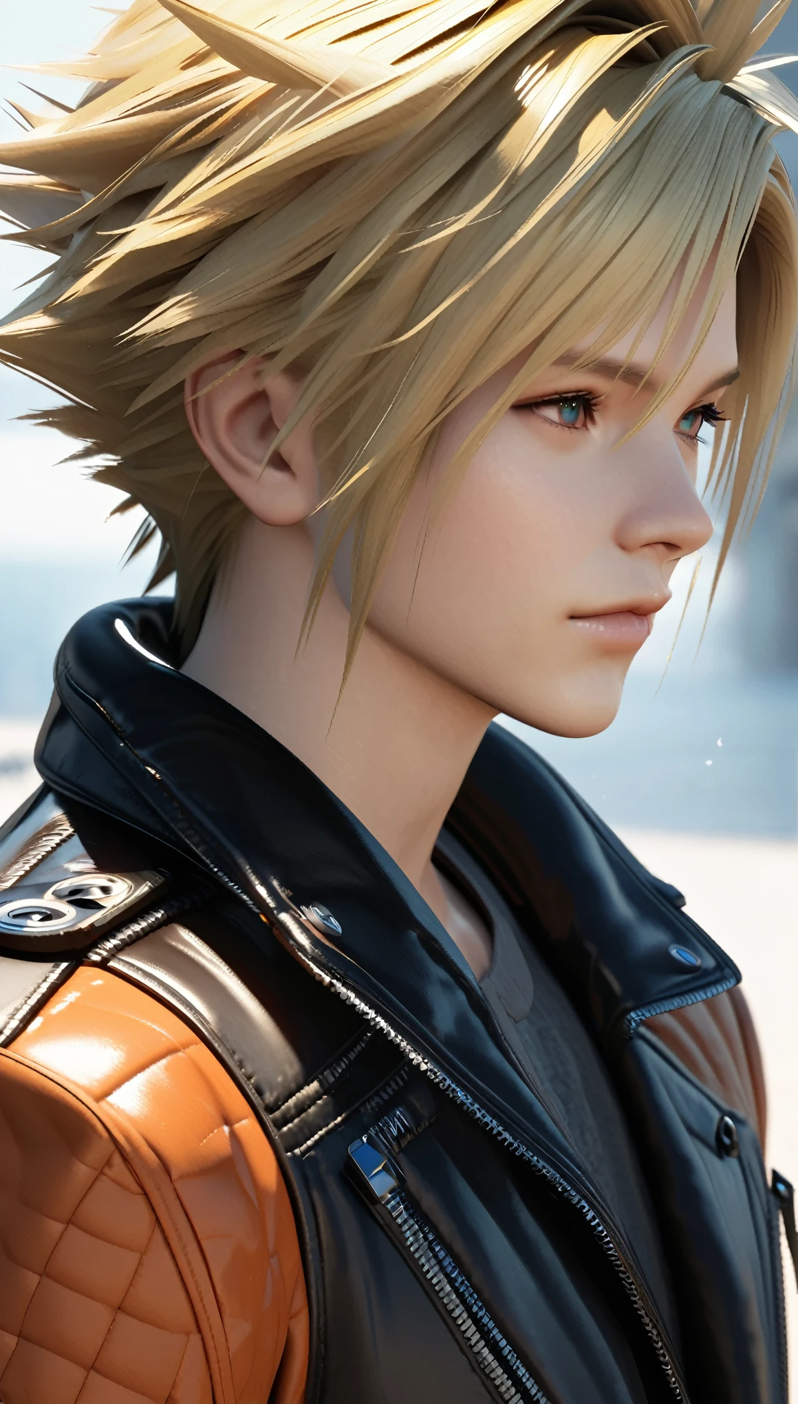 a high resolution, fresh, stunning portrait: 1.25, a close up of a man wearing a leather jacket, inspired by Yamagata Hiro, trending on cg society, cloud strife, avatar with a blond hair, square enix, trending photo, 3D rendering of octane, ray tracing, Super Detail