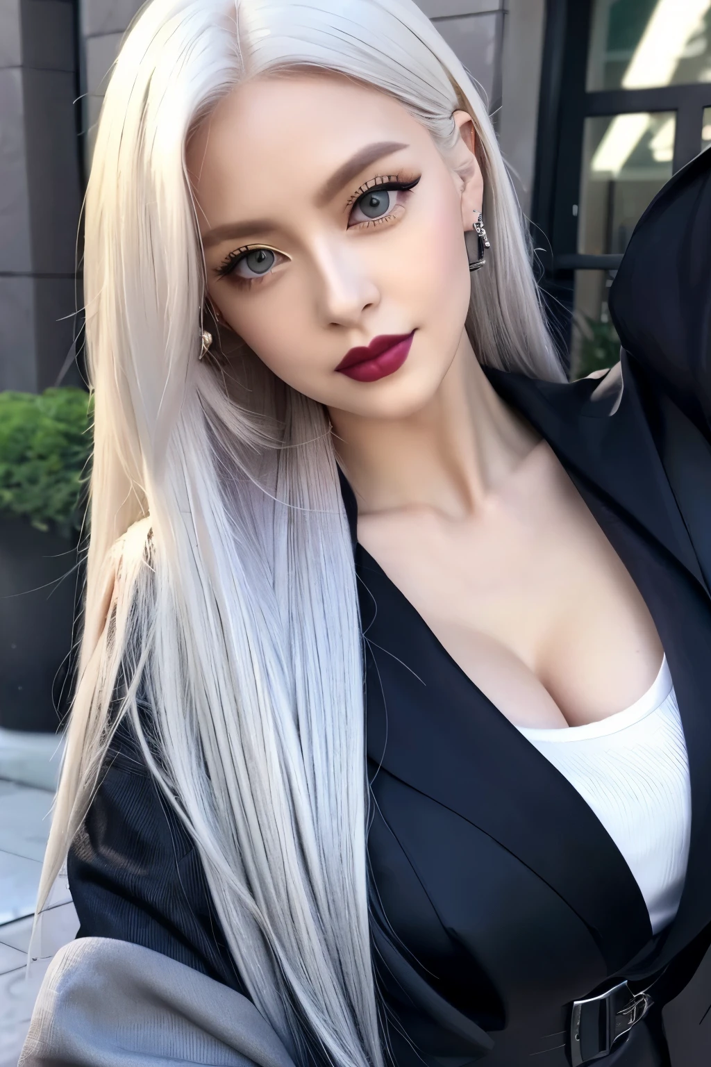 Platinum colored hair、Long Hair、Green Eyes、tall、mysterious、anime、actress、Alluring、Beauty、Hair is stiff、sexy、Black trousers、open neck black jacket、Light purple lipstick