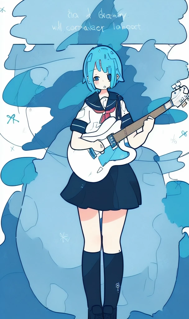 by haru, 1girl, instrument, solo, guitar, one eye closed, skirt, neckerchief, short sleeves, sailor collar, blue hair, short hair, shirt, cat, holding instrument, holding, white shirt