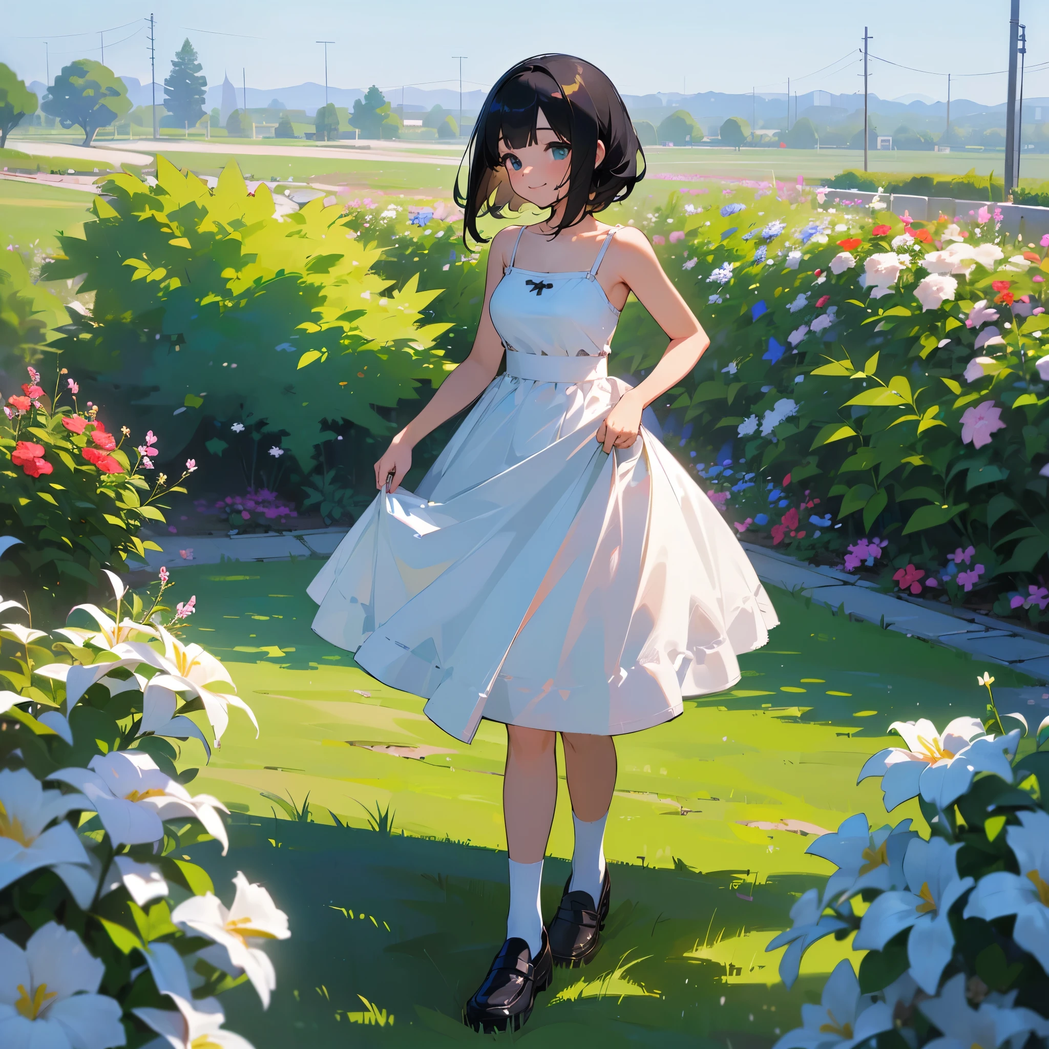 (high quality, High resolution, Very detailed, reality:1.37), Peaceful atmosphere, (Outdoor, garden), Teenage girl standing alone, (my breasts are big.), Beautiful details, Cute Smile, (Black bob hair), White camisole dress, White socks, loafers.