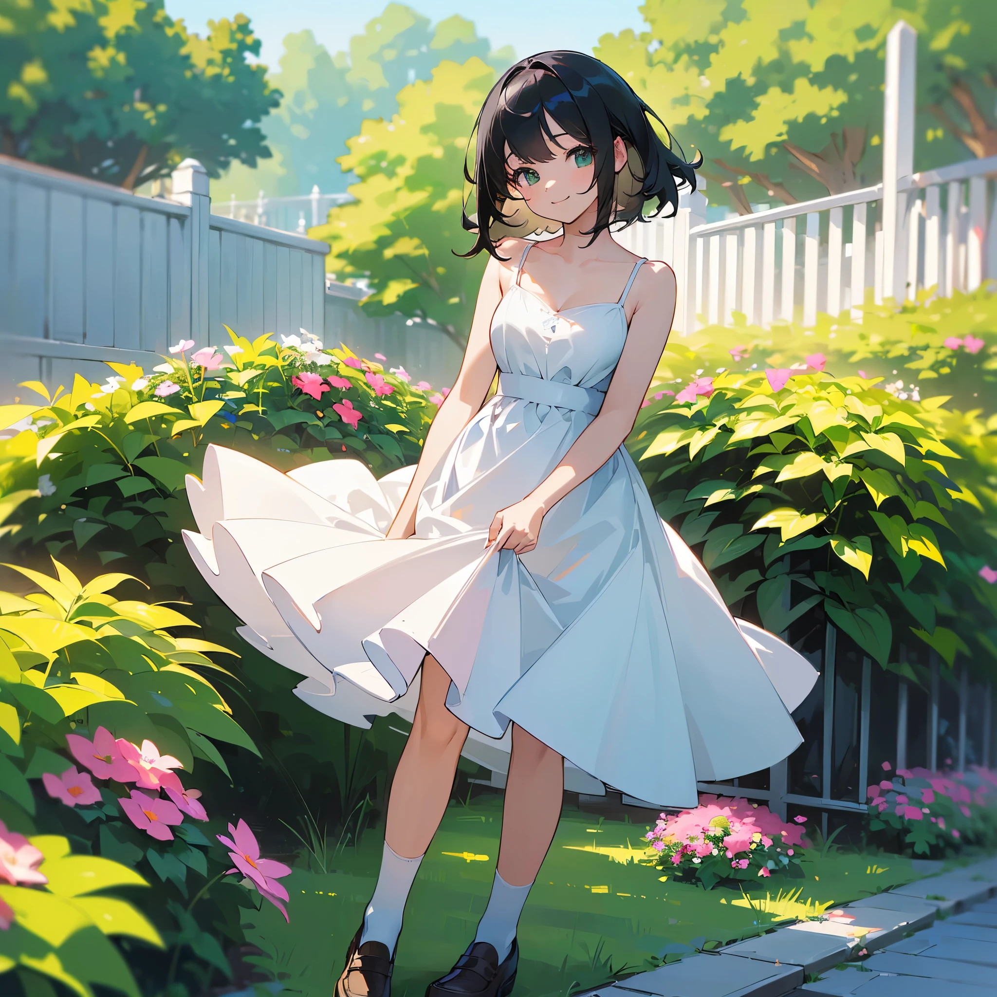 (high quality, High resolution, Very detailed, reality:1.37), Peaceful atmosphere, (Outdoor, garden), Teenage girl standing alone, (my breasts are big.), Beautiful details, Cute Smile, (Black bob hair), White camisole dress, White socks, loafers.