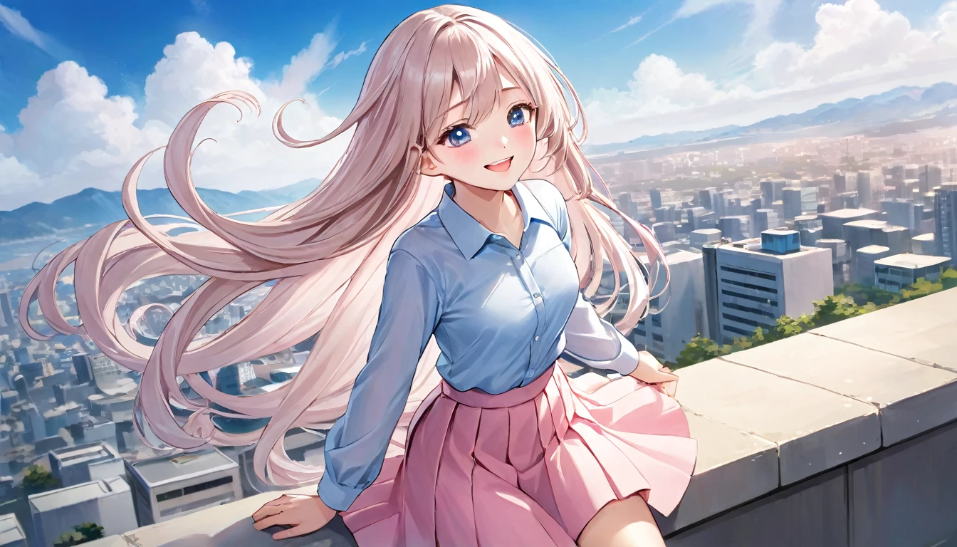 (Beautiful, gorgeous and cute Korean woman:1.3), (beautiful and cute korean:1.3), Korean beauty, Exquisite and beautiful hair、Eyes and face, Practical, Super detailed, beautiful girl, Blue sky, Glowing white particles, (Side Light:1.2), Sunlight, Baiyun, Detailed clouds, slim, Very cute big and big butt, Smile with teeth bared, ((Smile with your eyes, Open your eyes)), landscape, Long and straight hair, Sexy facial expressions, architecture, (city View:1.7), Dynamic Hair, Long and straight hair, fine white hair, Pink eyes, (Blue Pleated Shirt + Pink skirt), White socks, Pale skin, Hair accessories, epic landscape,