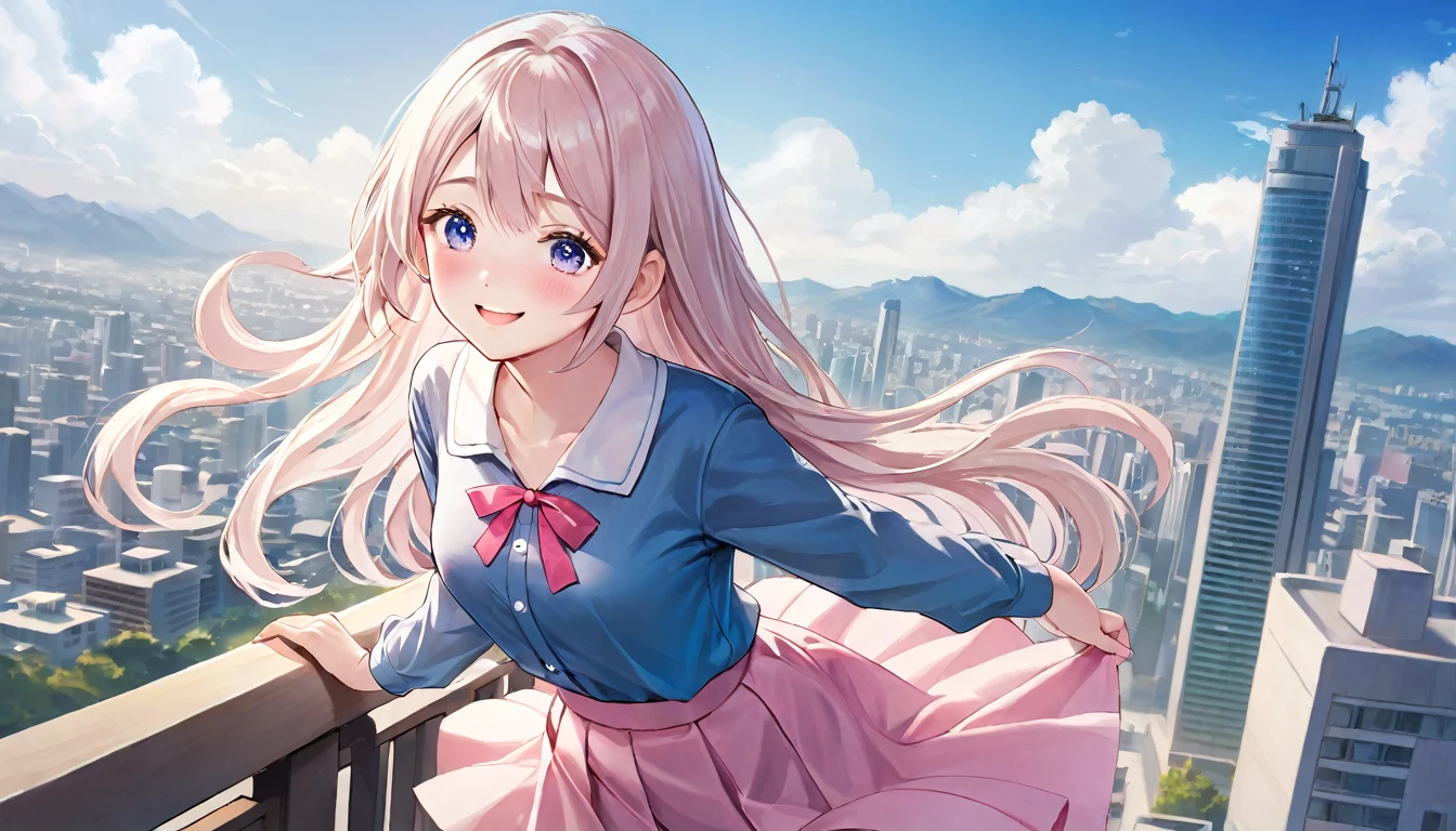  (Beautiful, gorgeous and cute Korean woman:1.3), (beautiful and cute korean:1.3), Korean beauty, Exquisite and beautiful hair、Eyes and face, Practical, Super detailed, beautiful girl, Blue sky, Glowing white particles, (Side Light:1.2), Sunlight, Baiyun, Detailed clouds, slim, Very cute big  and big butt, Smile with teeth bared, ((Smile with your eyes, Open your eyes)), landscape, Long and straight hair, Sexy facial expressions, architecture, (city View:1.7), Dynamic Hair, Long and straight hair, fine white hair, Pink eyes, (Blue Pleated Shirt + Pink skirt), White socks, Pale skin, Hair accessories, epic landscape, 