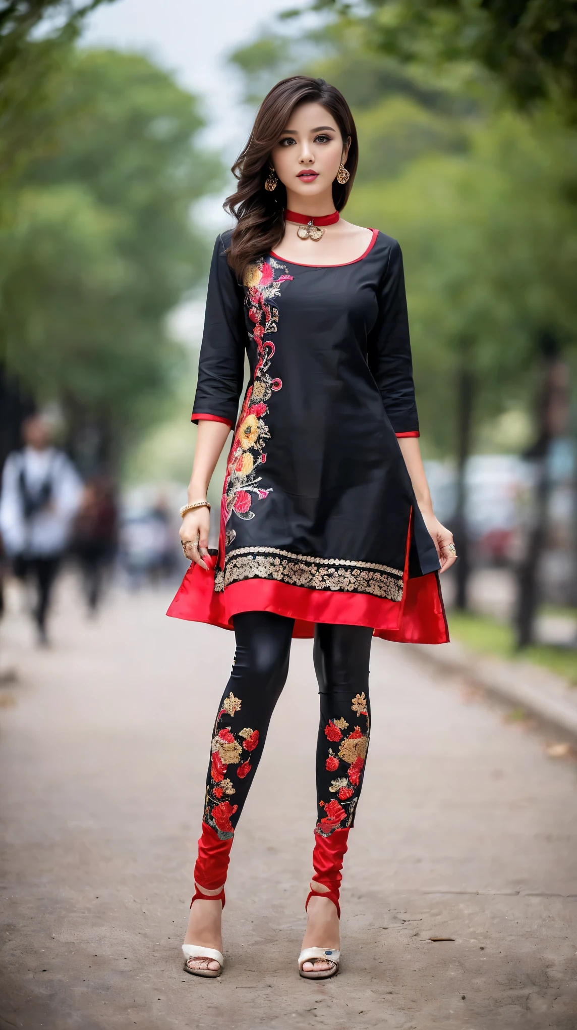 ((girl outdoor, luxurious outdoor city, luxurious place,),
(((Full body shot))), (wide standing position), (looking at viewers, front view shots, wide angle view), (masterpiece, hyper_realistic, hyper_detailed, photorealists, photo_realism), 20 years old lady, 16k, FHD, UHD, high quality pictures, extremely detailed, candid brightness, candid shots, (iconic picture shot, perfect brightness, perfect contrast, perfect colour), (pretty face, iconic face), (detailed face, detailed eye, detailed lips, detailed neck, ultra realistic face, ultra realistic eye, ultra realistic lips), (attractive hair style, hair style), (sagging perky breasts, perfect rounded breasts, attractive breasts, perfect breasts shape), (attractive body figure, perfect body figure, perfect figure, curvy_figure, hourglass_figure), (embroidery High heels, fancy high heels, iconic heels),
(((Masterpiece kurta, luxurious kurta, iconic kurta), fancy embroidery kurta), (embroidery red kurta), red iconic kurta, ruffled kurta, flared kurta, fancy kurta, long skinny sleeves, fancy neck kurta, fancy leggings, black leggings). , ,