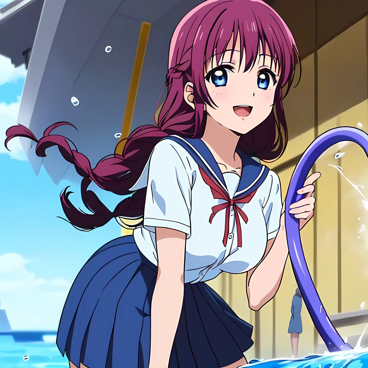 highest quality, (masterpiece:1.2), Very detailed, Game CG, ((((Very beautiful school uniform1A girl is bending over to drink water from a hose)))), ((The girl everyone loves)), (((Very beautiful long pink hair))), ((((Yellow sailor suit)))), ((Sailor uniforms have blue lines)), ((Dark navy blue checked long skirt)), ((((Very beautiful and shining eyes)))), ((Very long eyelashes)), A big red ribbon on the chest, ((An elegant expression like a noble princess)), (((Beautiful and great smile))), Small face and great posture, ((Give the viewer a heavenly feeling of happiness)), (((Blur the background))), ((A very compassionate face)), ((Anime heroine smiling and open mouth)), ((Slender and shapely breasts)), ((Shooting from the side)), (((Water spurting from an upward-facing hose)))
