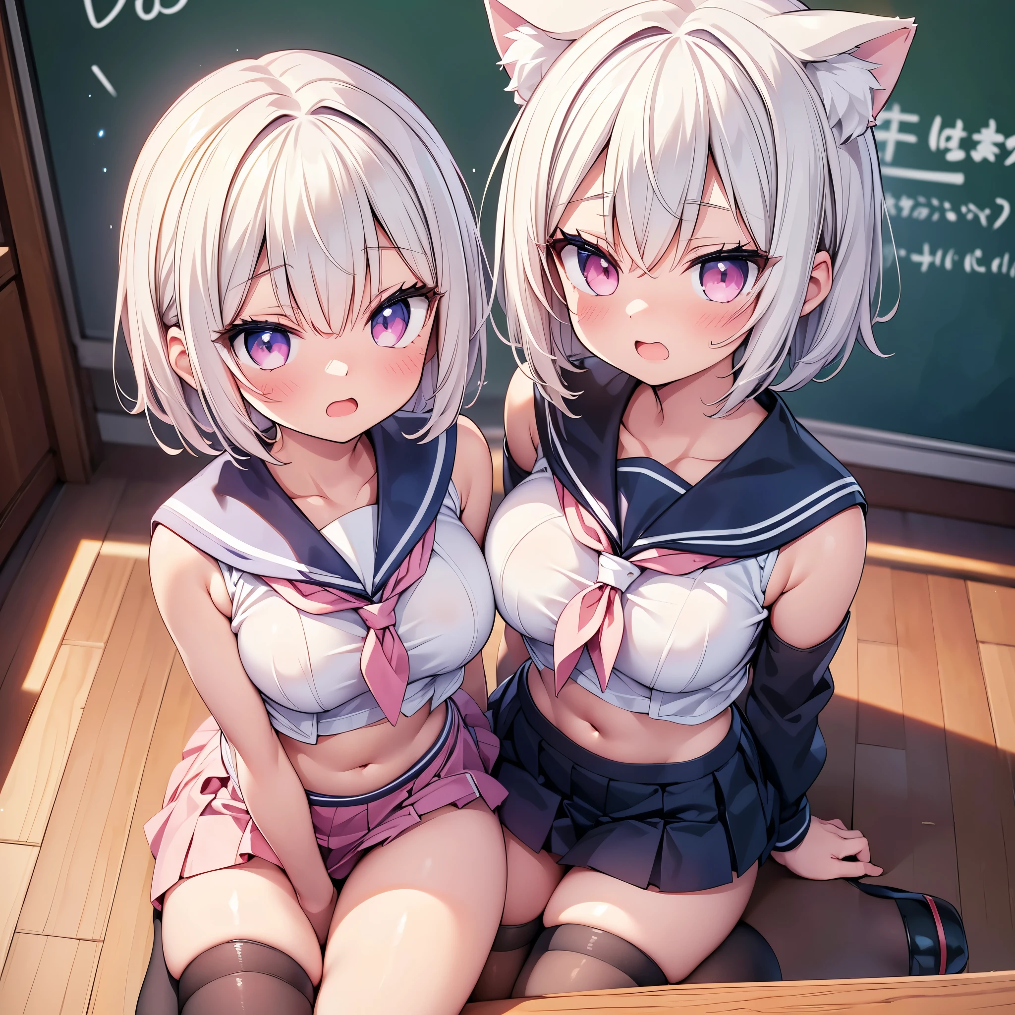 (cute eyes:1.2), (sparkling eyes:1.2), (8K、Best image quality、highest quality、masterpiece)、Detailed face、(2 girls)、Improve、 (white hair, small eyes, pink eyes, short hair, straight hair, nekomimi)、(open mouth), (embarrassed), (skinny body:1.3),(midium breasts), (shoulder off sailor uniform:1.2), (cleavage), (crop top navel), Sit on a chair, Classroom Background, (black stockings:1.1), (Thighs:1.1), (Waistline:1.1),(close-up shot of bust), (from above:1.2)