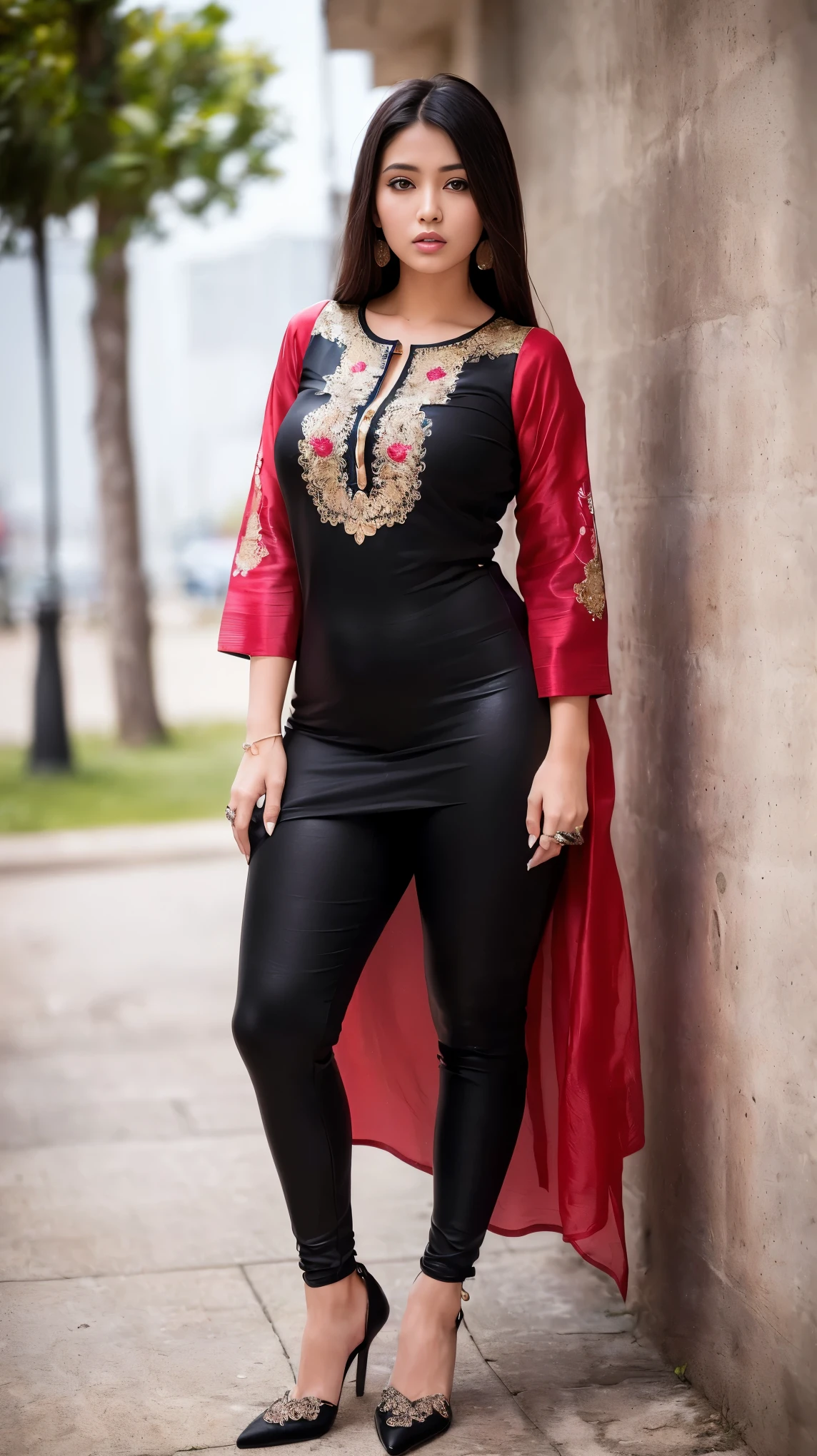 ((girl outdoor, luxurious outdoor city, luxurious place,), 
(((Full body shot))), (wide standing position), (looking at viewers, front view shots, wide angle view), (masterpiece, hyper_realistic, hyper_detailed, photorealists, photo_realism), 20 years old lady, 16k, FHD, UHD, high quality pictures, extremely detailed, candid brightness, candid shots, (iconic picture shot, perfect brightness, perfect contrast, perfect colour), (pretty face, iconic face), (detailed face, detailed eye, detailed lips, detailed neck, ultra realistic face, ultra realistic eye, ultra realistic lips), (attractive hair style, hair style), (sagging perky breasts, perfect rounded breasts, attractive breasts, perfect breasts shape), (attractive body figure, perfect body figure, perfect figure, curvy_figure, hourglass_figure), (embroidery High heels, fancy high heels, iconic heels),   
(((Masterpiece kurta, luxurious kurta, iconic kurta), fancy embroidery kurta), (embroidery red kurta),  red iconic kurta, ruffled kurta, flared kurta, fancy kurta, long skinny sleeves, fancy neck kurta, fancy leggings, black leggings). , ,