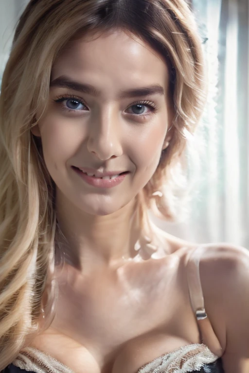 woman, extreme Close up, Portrait, beautiful french, instagram model, 25 years old, happy, perfect, slim e body. pulling down her black satin bra to reveal c cup breasts, long blonde wavy hair, hair half up half down, perfect face, eye contact, perfect eyes, gorgeous, sexy, sensual, seductive eyes and look, pulld,