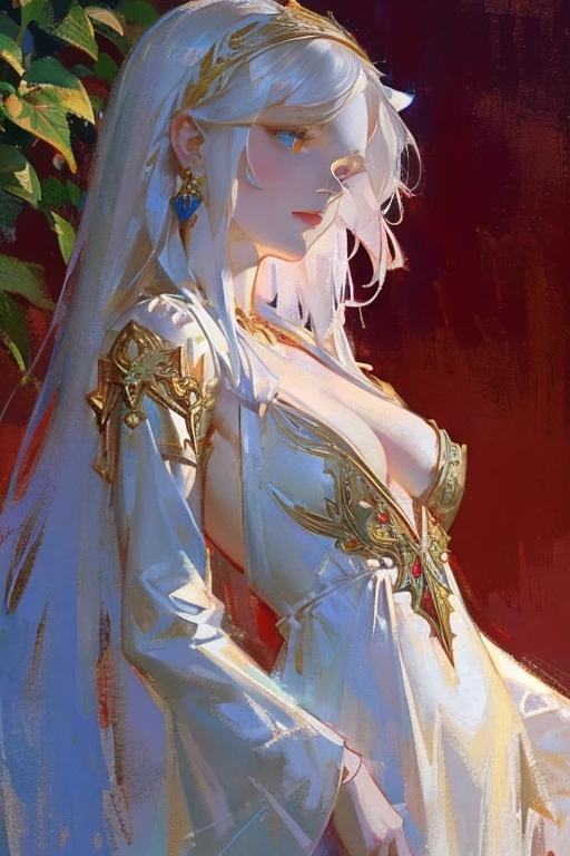 neon, garden, red and blue tones, a girl dressed in a pale white simple silk dress with silver embroidery, a face similar to Daenerys, long white hair, stunning blue eyes, expressive breasts, gold jewelry, delicate face, intricate details, beautiful fantasy setting, 8K, HD